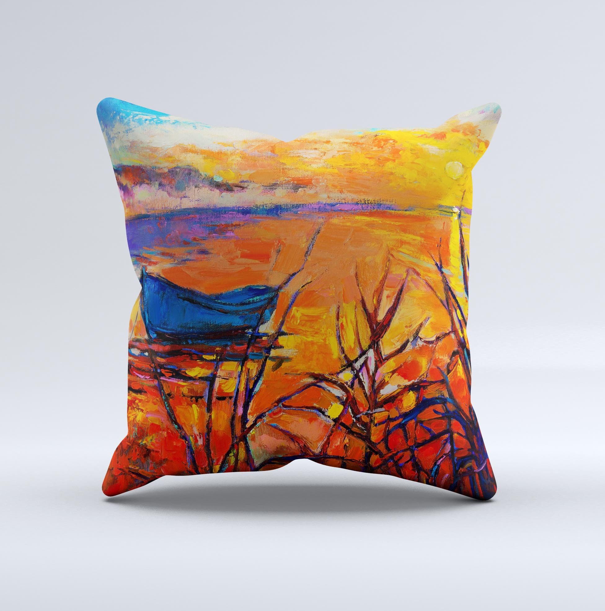 Oil Pastel Lake Sunset ink-Fuzed Decorative Throw Pillow showcasing vibrant sunset colors and unique design, handcrafted in Virginia.