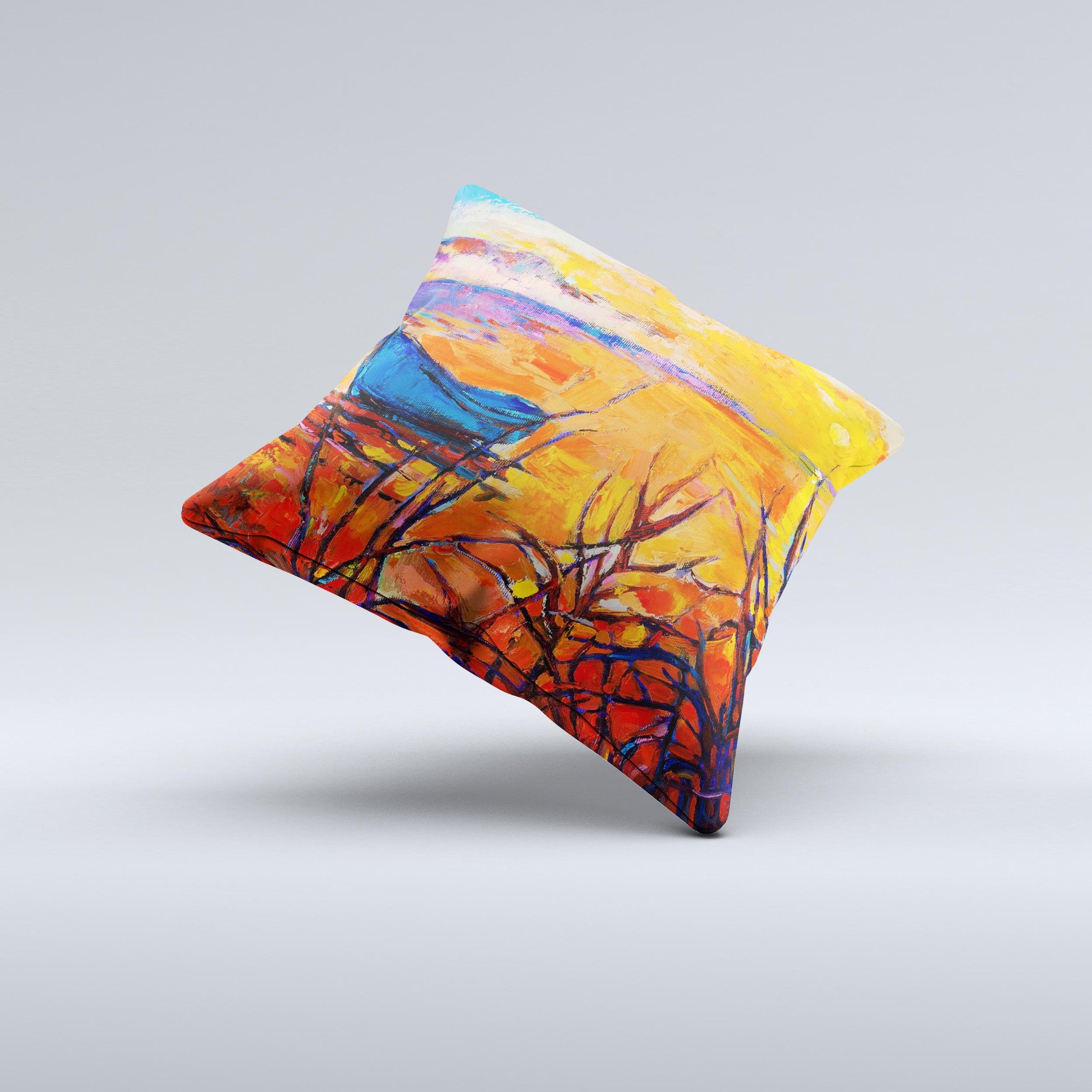 Oil Pastel Lake Sunset ink-Fuzed Decorative Throw Pillow showcasing vibrant sunset colors and unique design, handcrafted in Virginia.