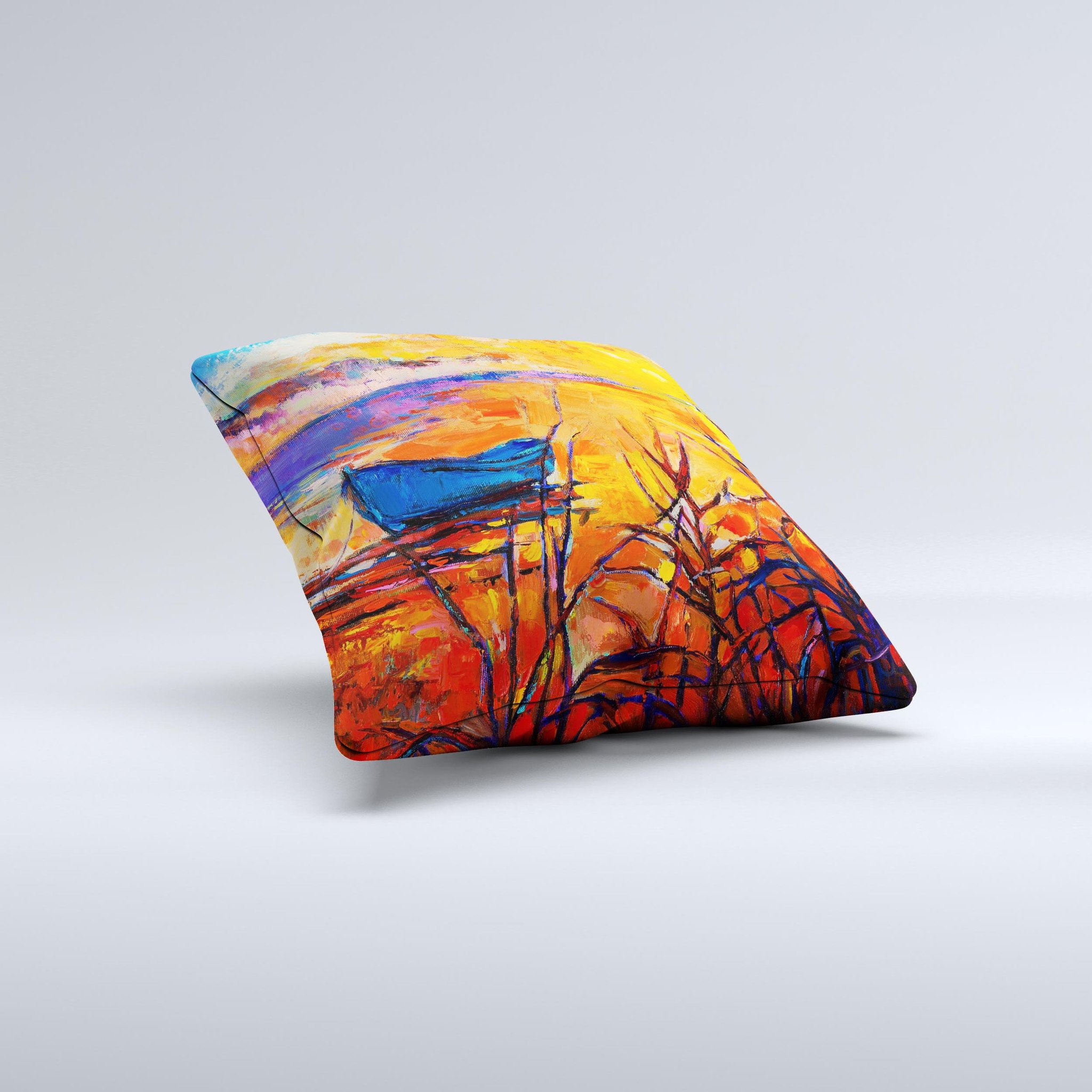 Oil Pastel Lake Sunset ink-Fuzed Decorative Throw Pillow showcasing vibrant sunset colors and unique design, handcrafted in Virginia.