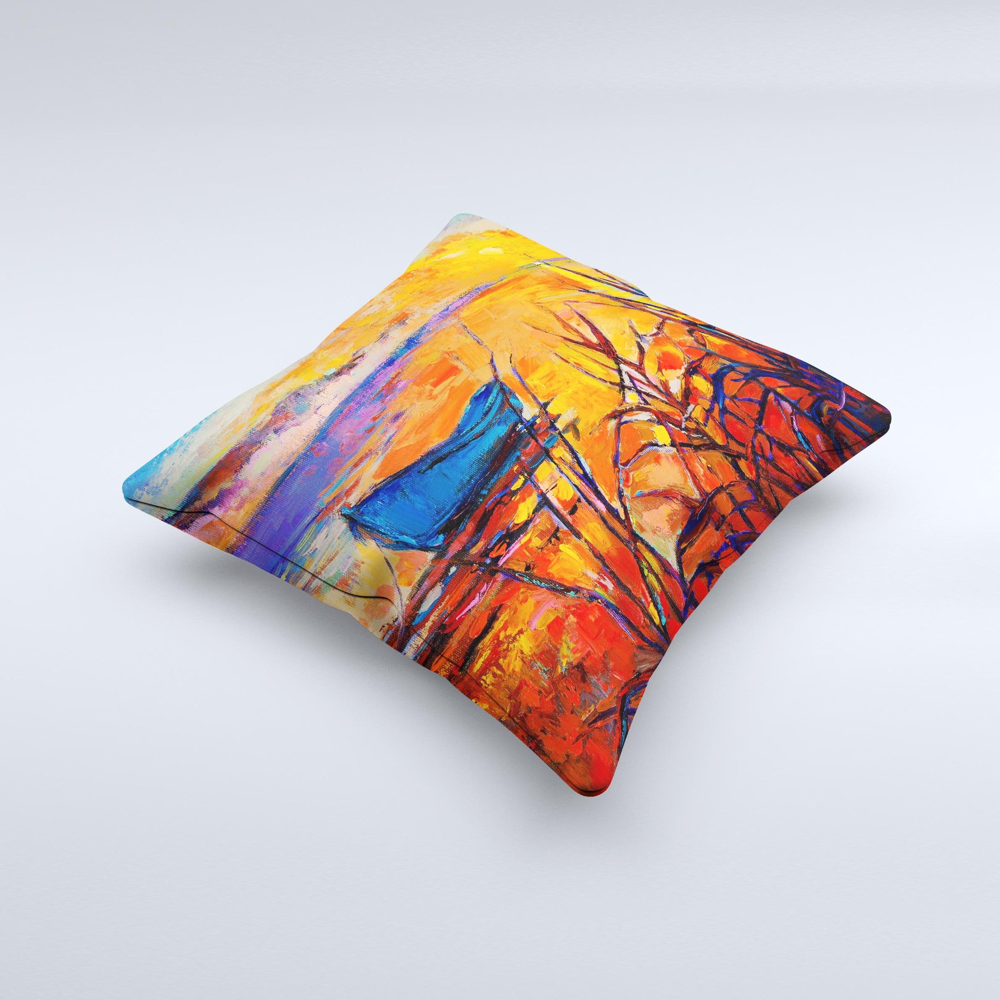 Oil Pastel Lake Sunset ink-Fuzed Decorative Throw Pillow showcasing vibrant sunset colors and unique design, handcrafted in Virginia.