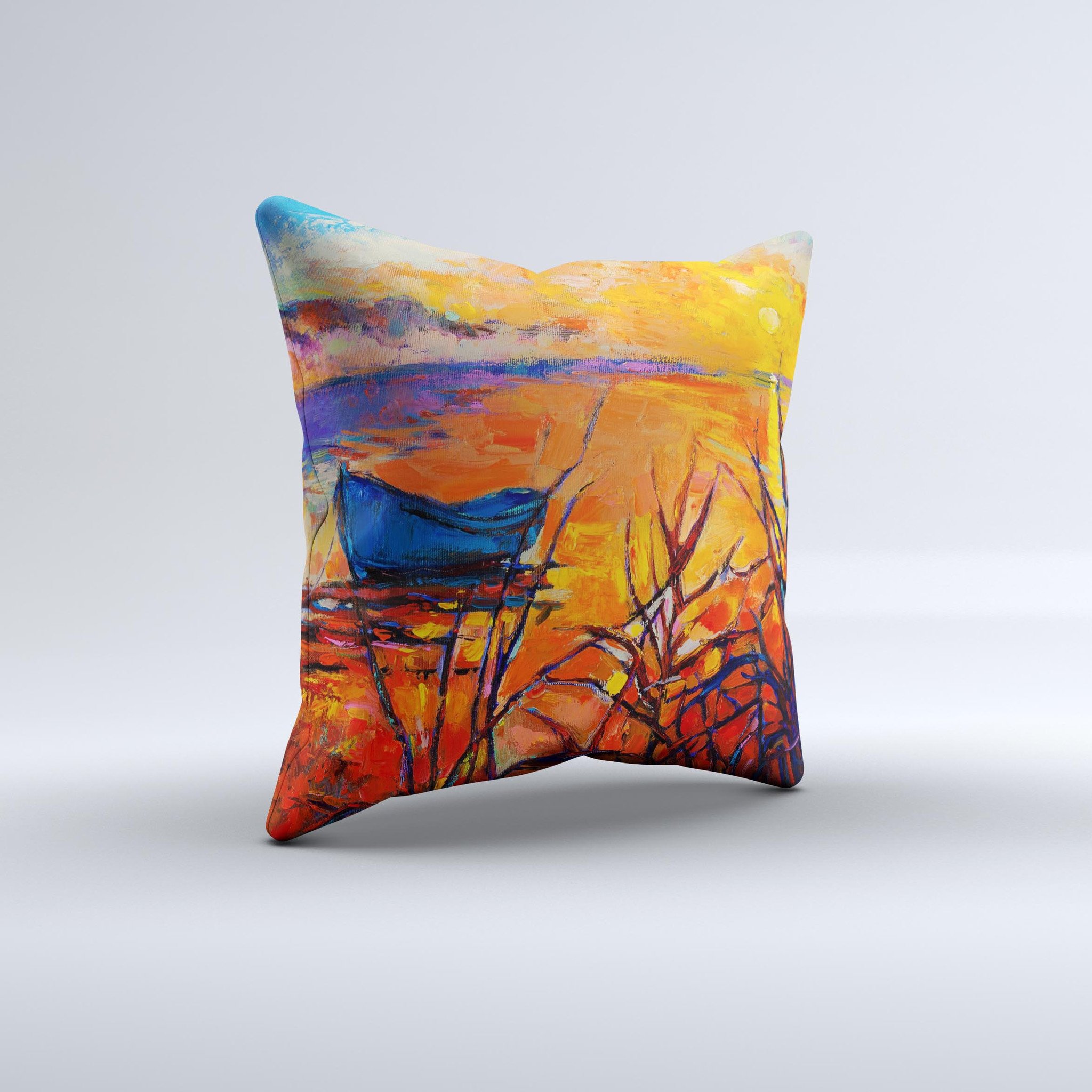 Oil Pastel Lake Sunset ink-Fuzed Decorative Throw Pillow showcasing vibrant sunset colors and unique design, handcrafted in Virginia.