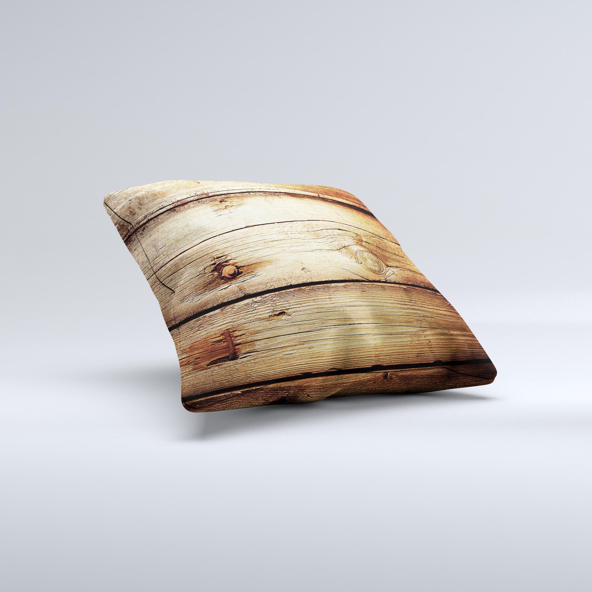 Old Bolted Wooden Planks ink-Fuzed Decorative Throw Pillow showcasing a rustic design with high-quality fabric and unique hand-produced graphics.