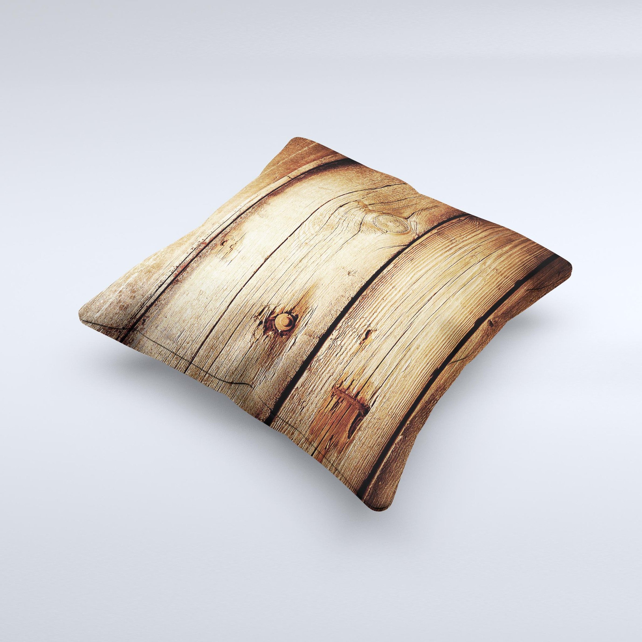 Old Bolted Wooden Planks ink-Fuzed Decorative Throw Pillow showcasing a rustic design with high-quality fabric and unique hand-produced graphics.