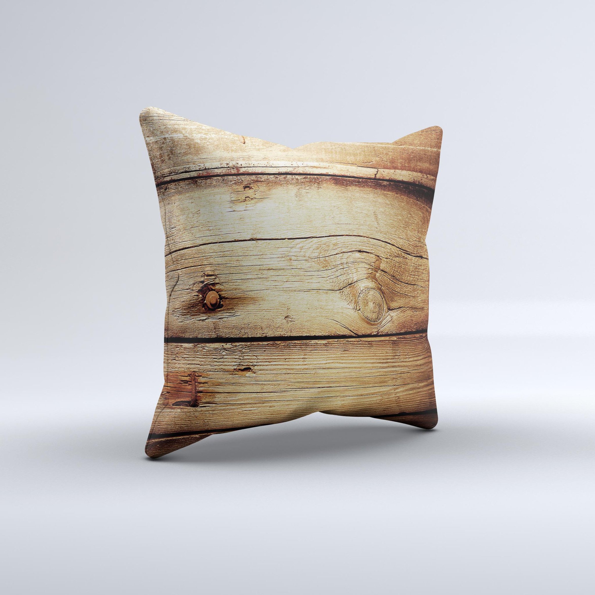 Old Bolted Wooden Planks ink-Fuzed Decorative Throw Pillow showcasing a rustic design with high-quality fabric and unique hand-produced graphics.