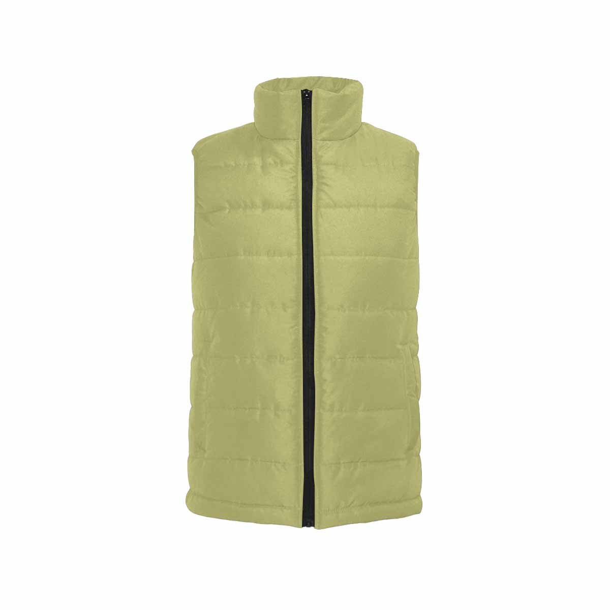 Olive green mens padded vest with quilted design and zipper closure, showcasing a stylish and warm sleeveless outerwear option.