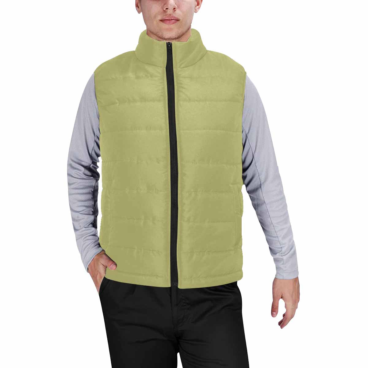 Olive green mens padded vest with quilted design and zipper closure, showcasing a stylish and warm sleeveless outerwear option.