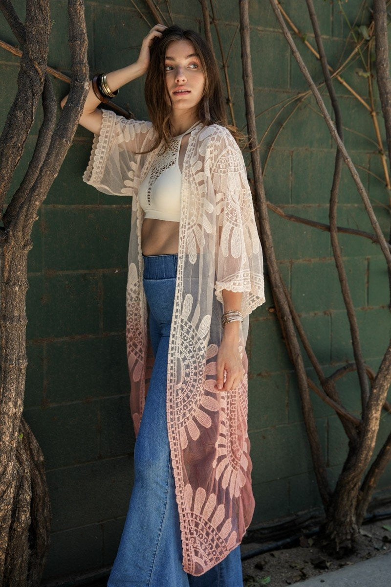 Ombre Bohemian Lace Kimono featuring vibrant colors and intricate lace detailing, perfect for summer outfits.