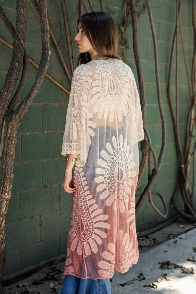 Ombre Bohemian Lace Kimono featuring vibrant colors and intricate lace detailing, perfect for summer outfits.