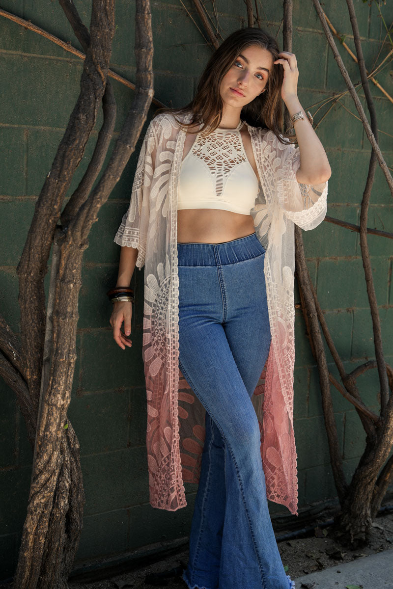 Ombre Bohemian Lace Kimono featuring vibrant colors and intricate lace detailing, perfect for summer outfits.