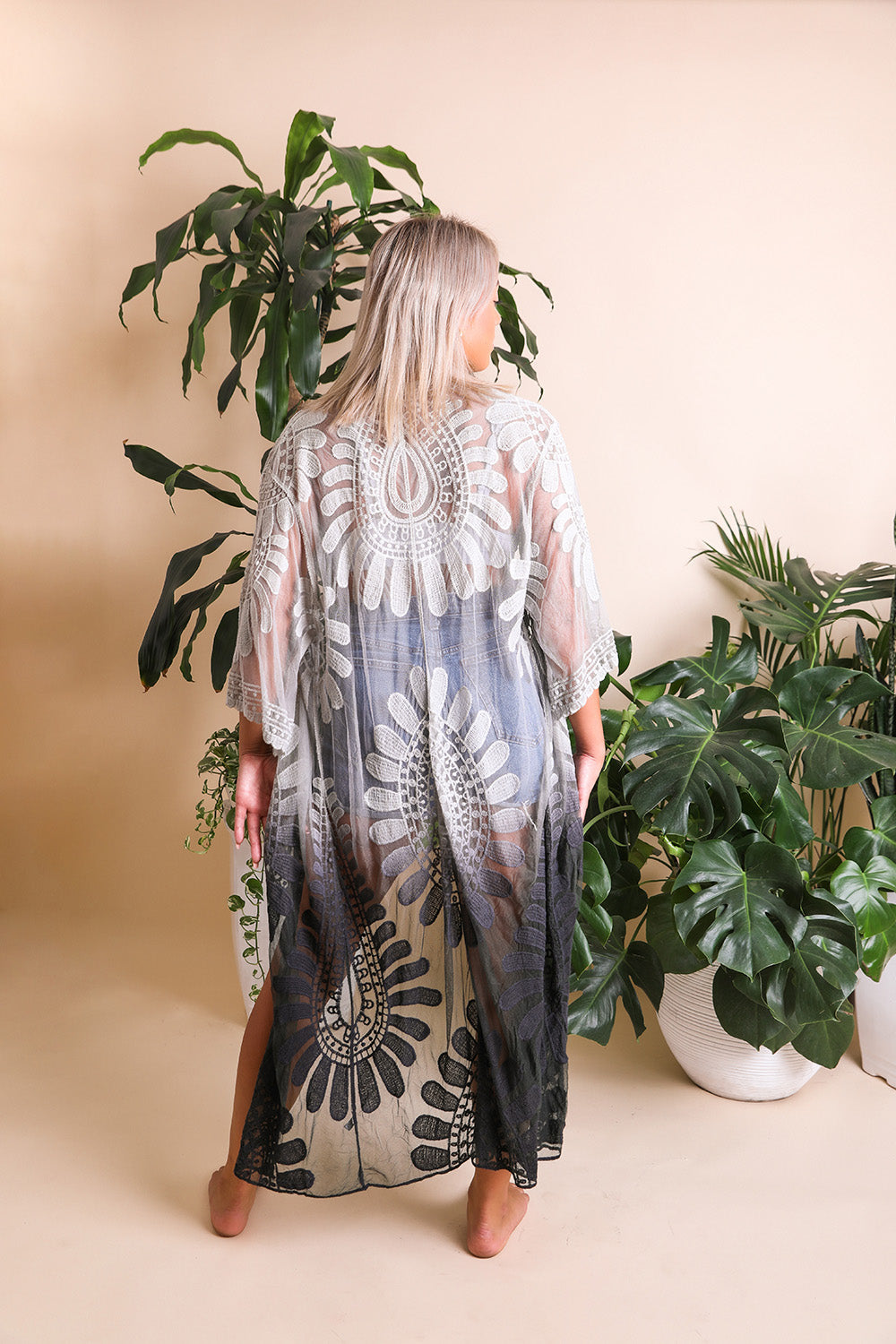 Ombre Bohemian Lace Kimono featuring vibrant colors and intricate lace detailing, perfect for summer outfits.