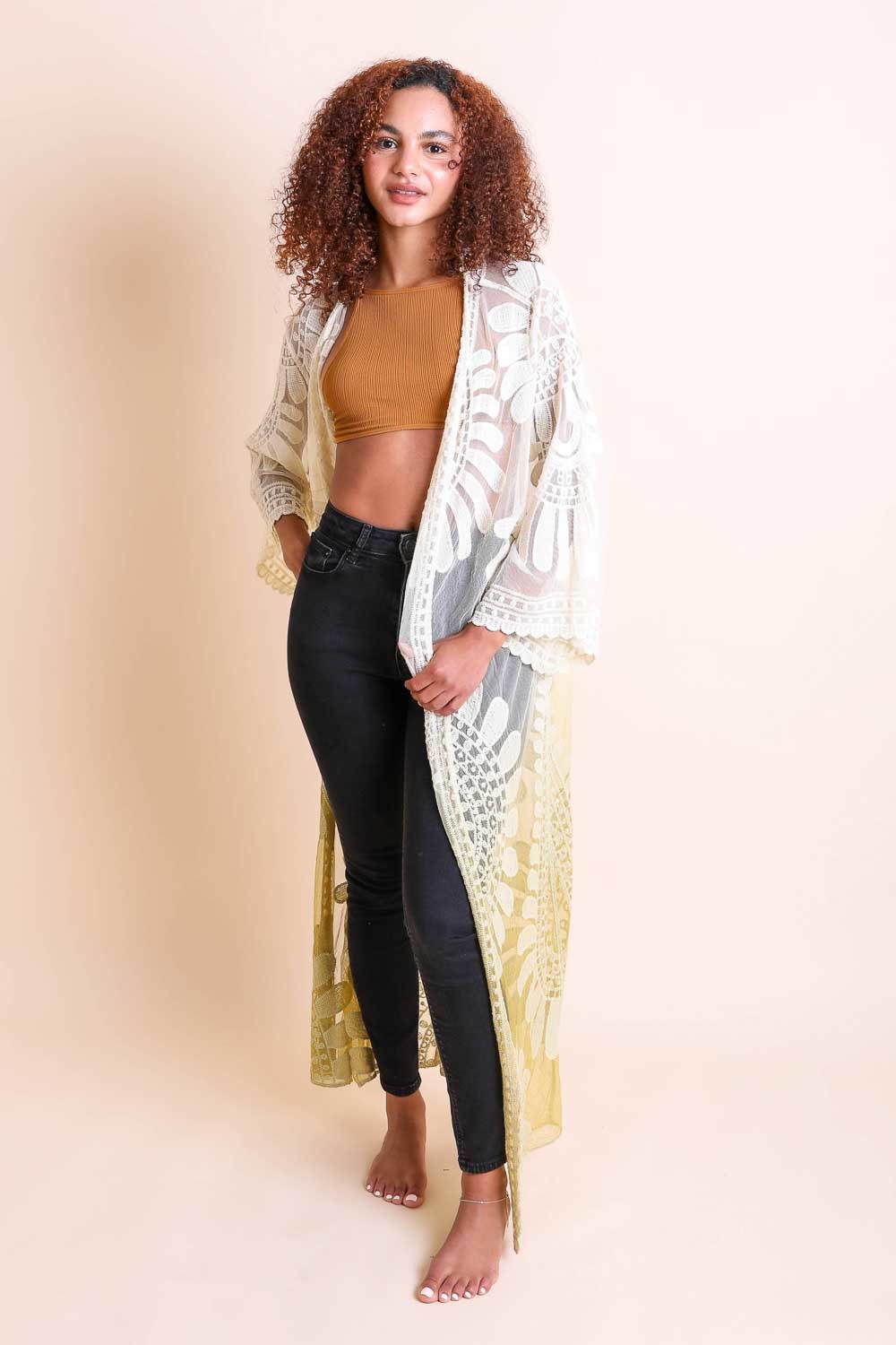 Ombre Bohemian Lace Kimono featuring vibrant colors and intricate lace detailing, perfect for summer outfits.