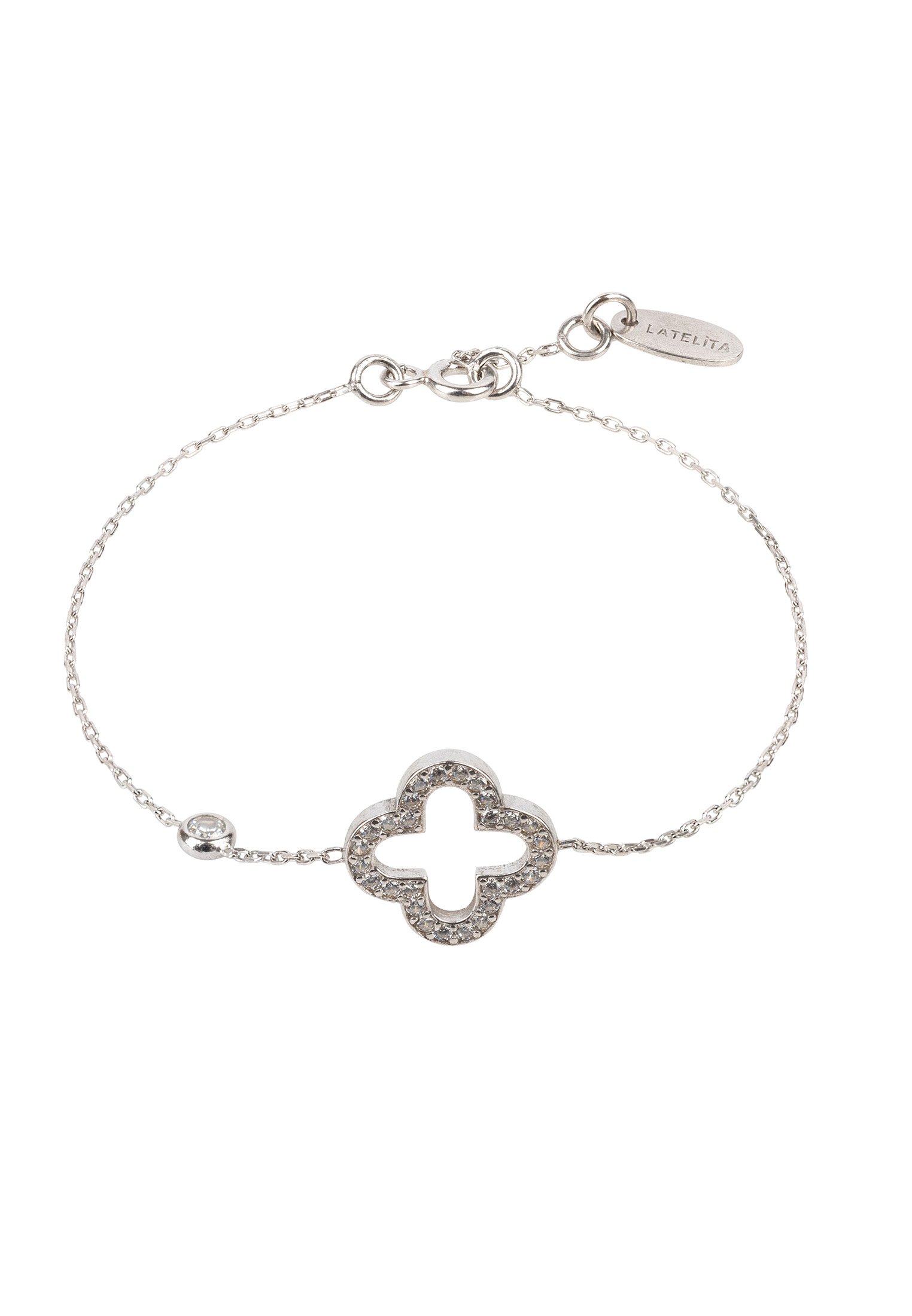 Elegant open clover bracelet in sterling silver with white zircon embellishments, showcasing its adjustable clasp and luxurious finish.