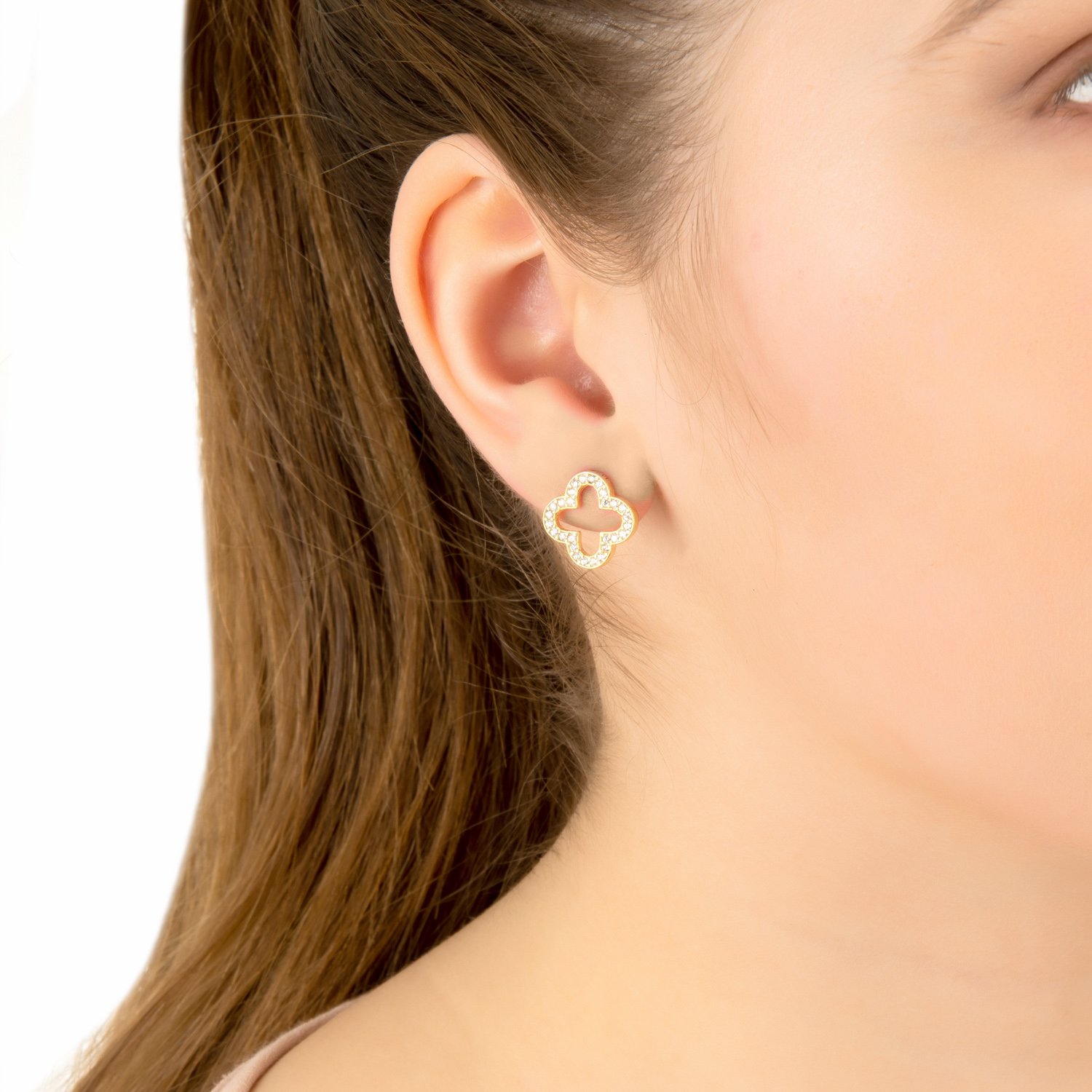 Open Clover Earrings in 925 sterling silver with sparkling white zircons, showcasing an elegant clover design.