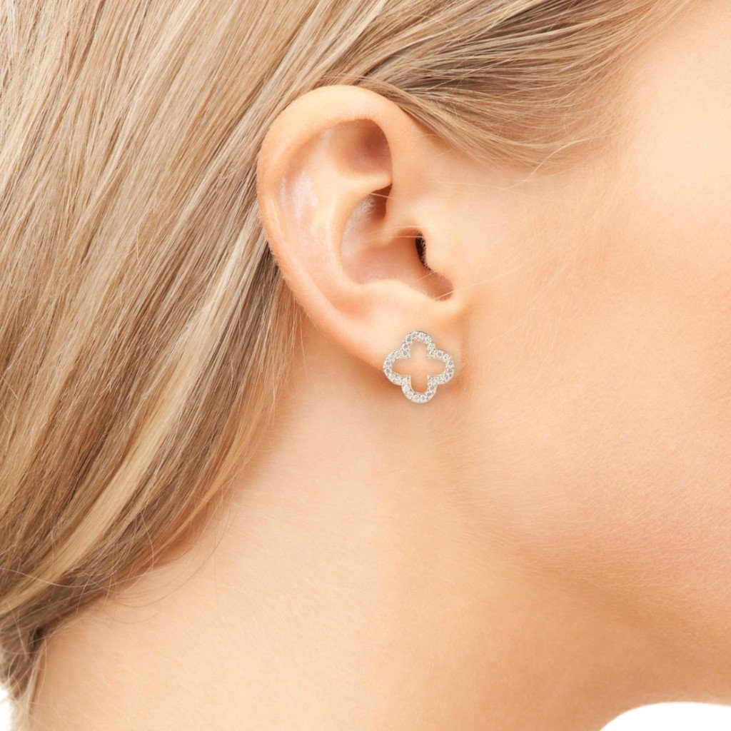 Open Clover Earrings in 925 sterling silver with sparkling white zircons, showcasing an elegant clover design.