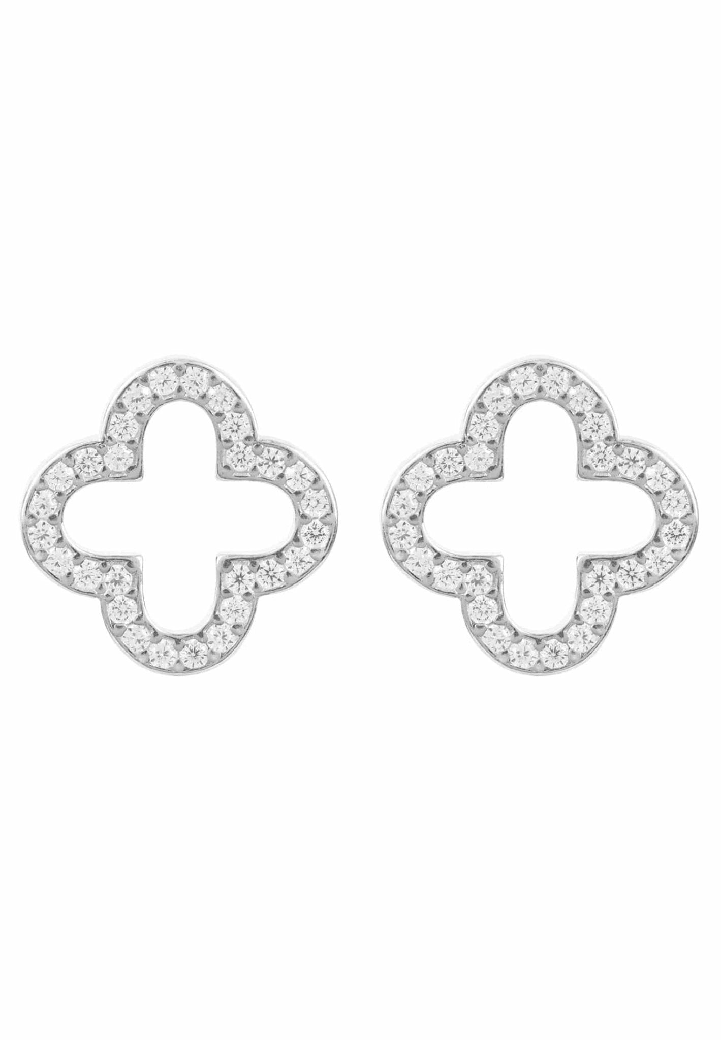 Open Clover Earrings in 925 sterling silver with sparkling white zircons, showcasing an elegant clover design.