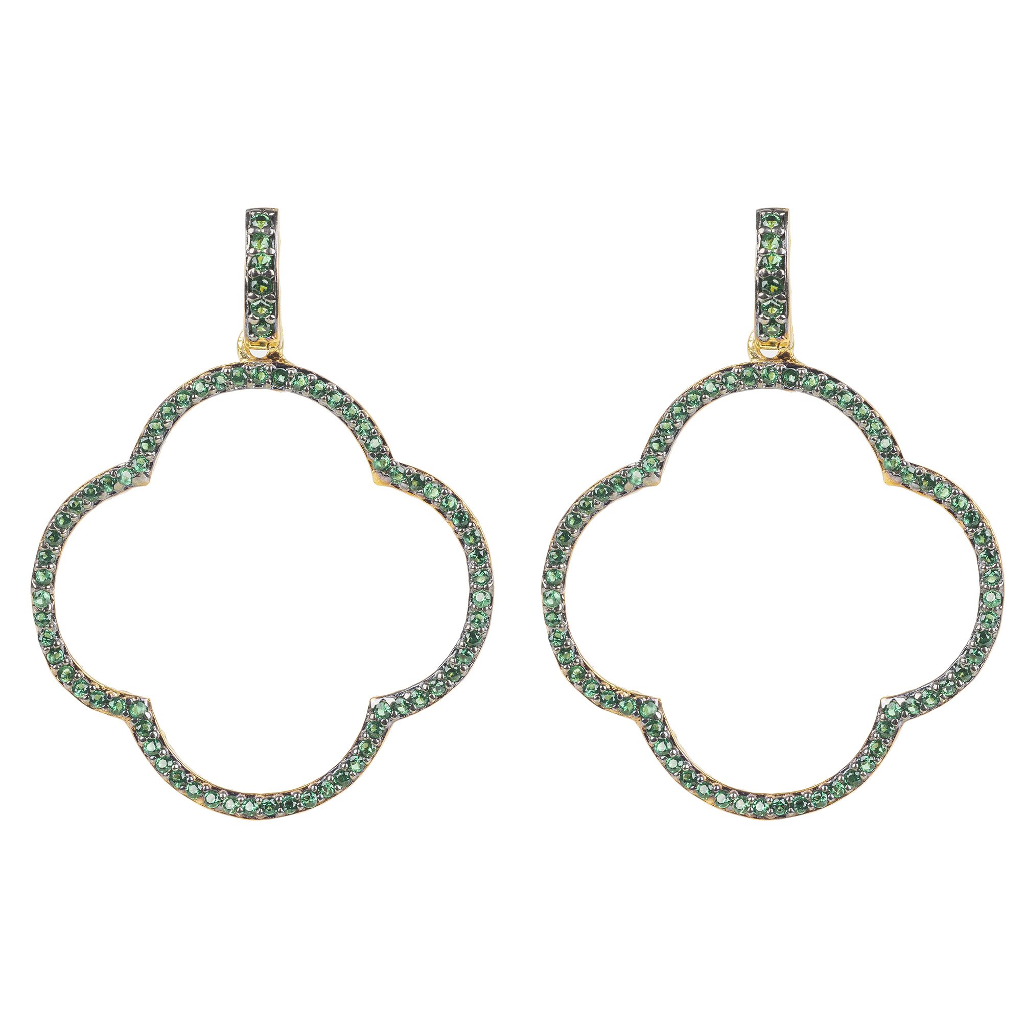 Open Clover Large Drop Earrings in Green Gold featuring a geometric design with sparkling emerald green cubic zirconia.