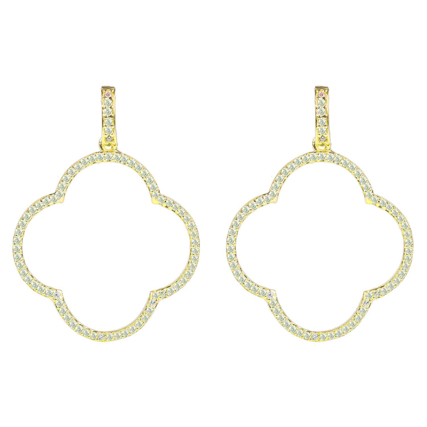 Open Clover Large Drop Earrings featuring white cubic zirconia and gold plating, showcasing a geometric design with a luxurious finish.