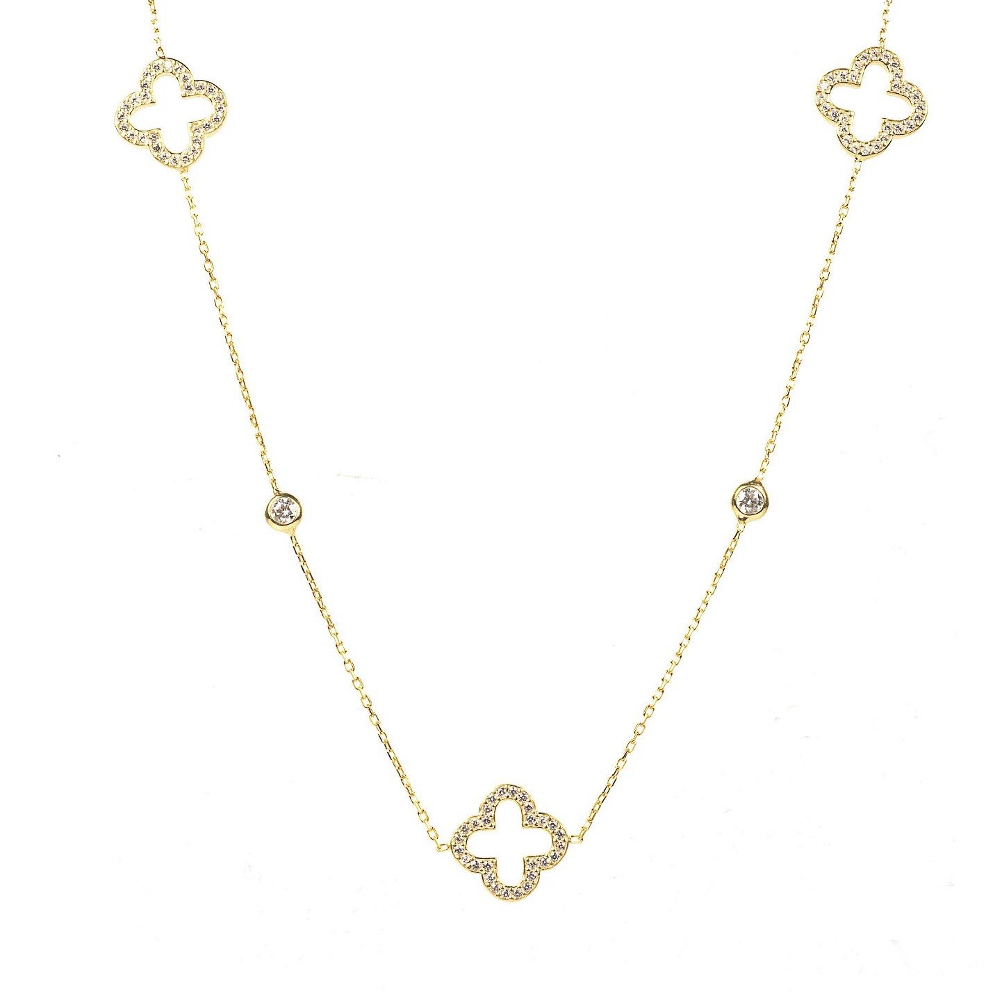 Open Clover Long Necklace in Gold with clover motifs and white zircons, elegantly displayed in a jewellery box.