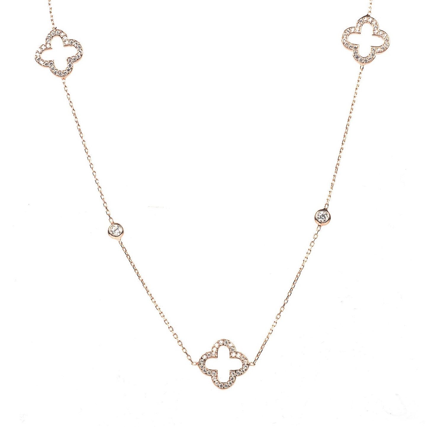 Open Clover Long Necklace in Rosegold featuring 7 clover motifs and white zircons, crafted from 925 sterling silver with lobster clasp.