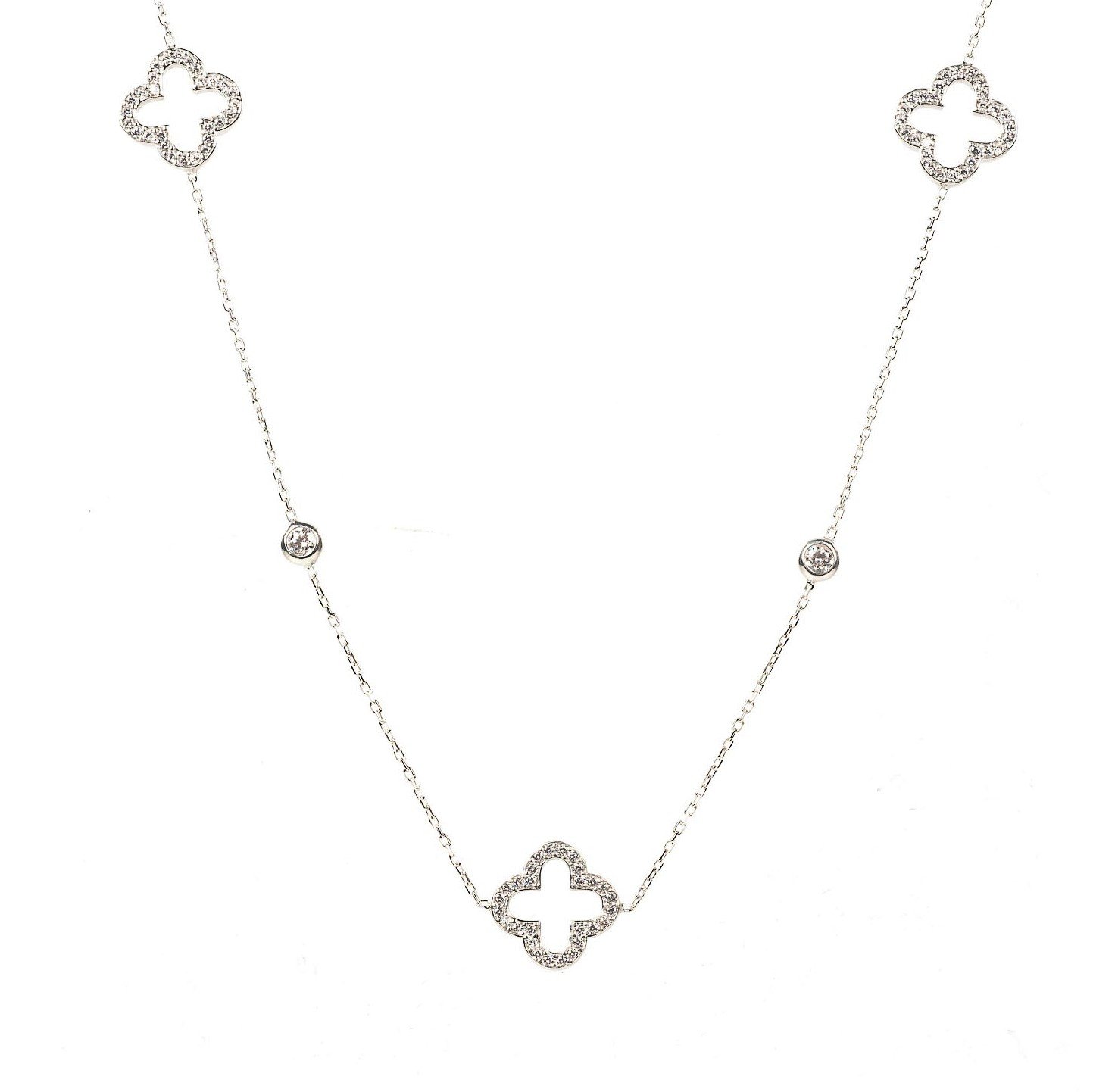 Open Clover Long Necklace in silver with white zircons and clover motifs, elegantly displayed in a jewellery box.