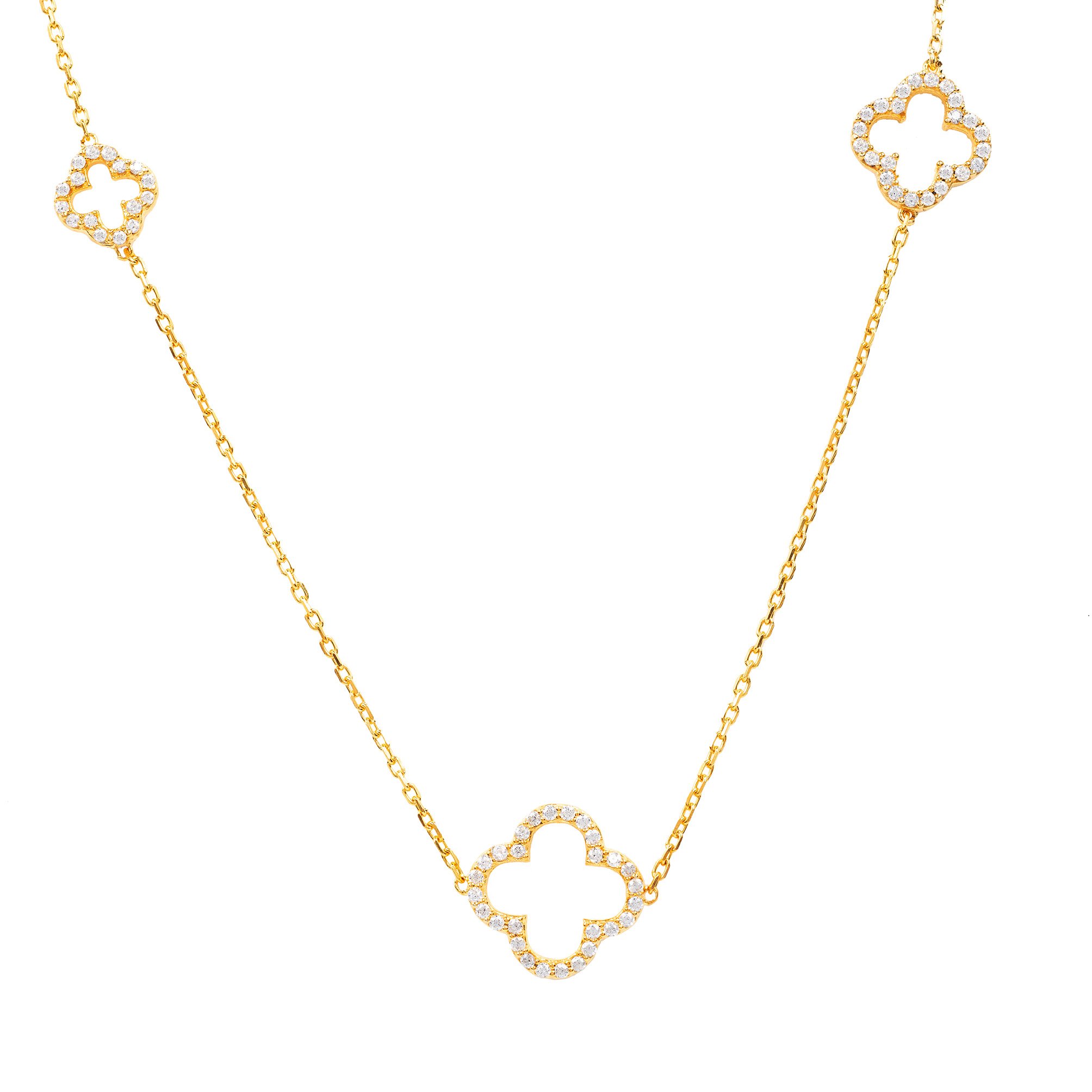 Open Clover Long White Cz Necklace in Gold featuring alternating clover motifs and AAA white cubic zirconia accents.