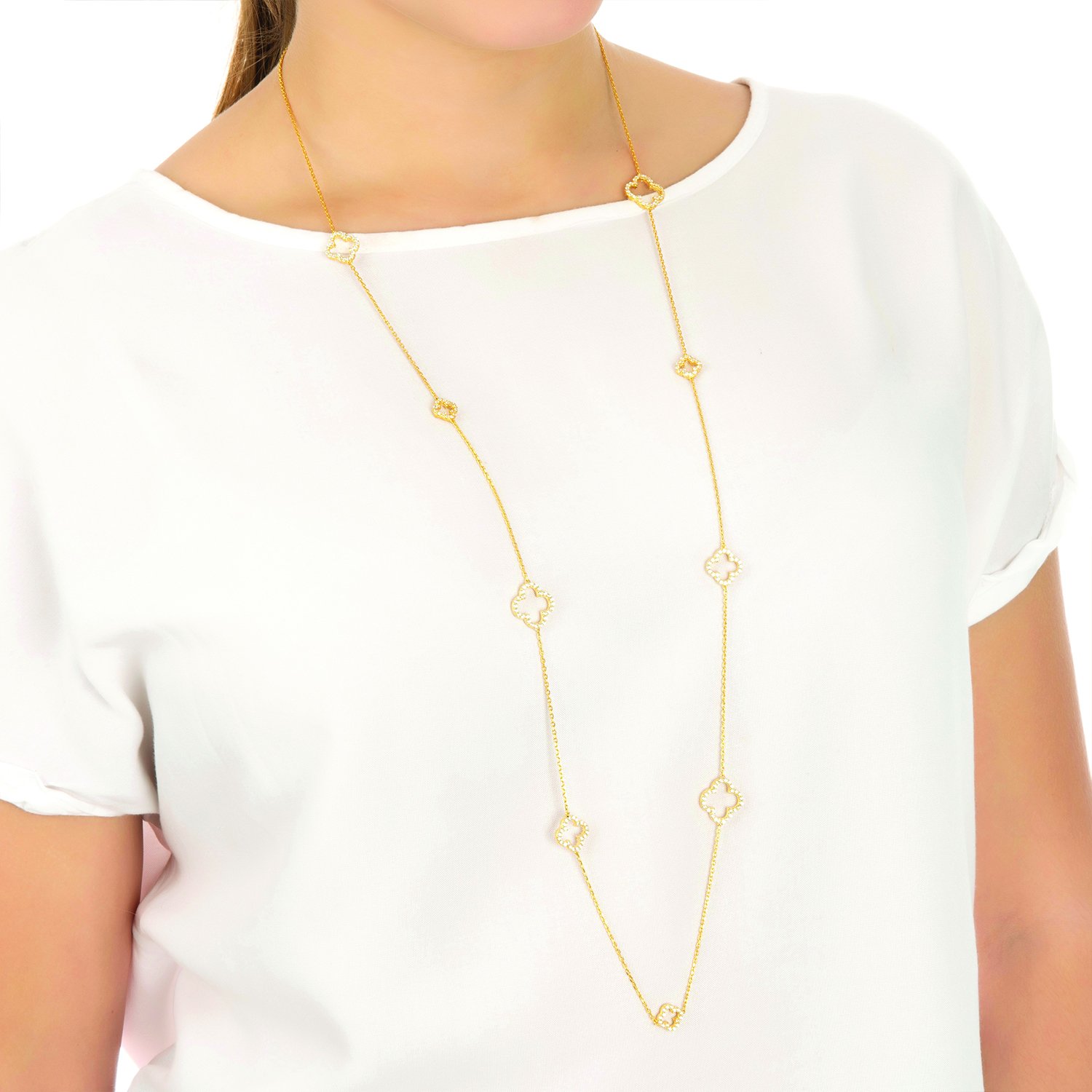 Open Clover Long White Cz Necklace in Gold featuring alternating clover motifs and AAA white cubic zirconia accents.