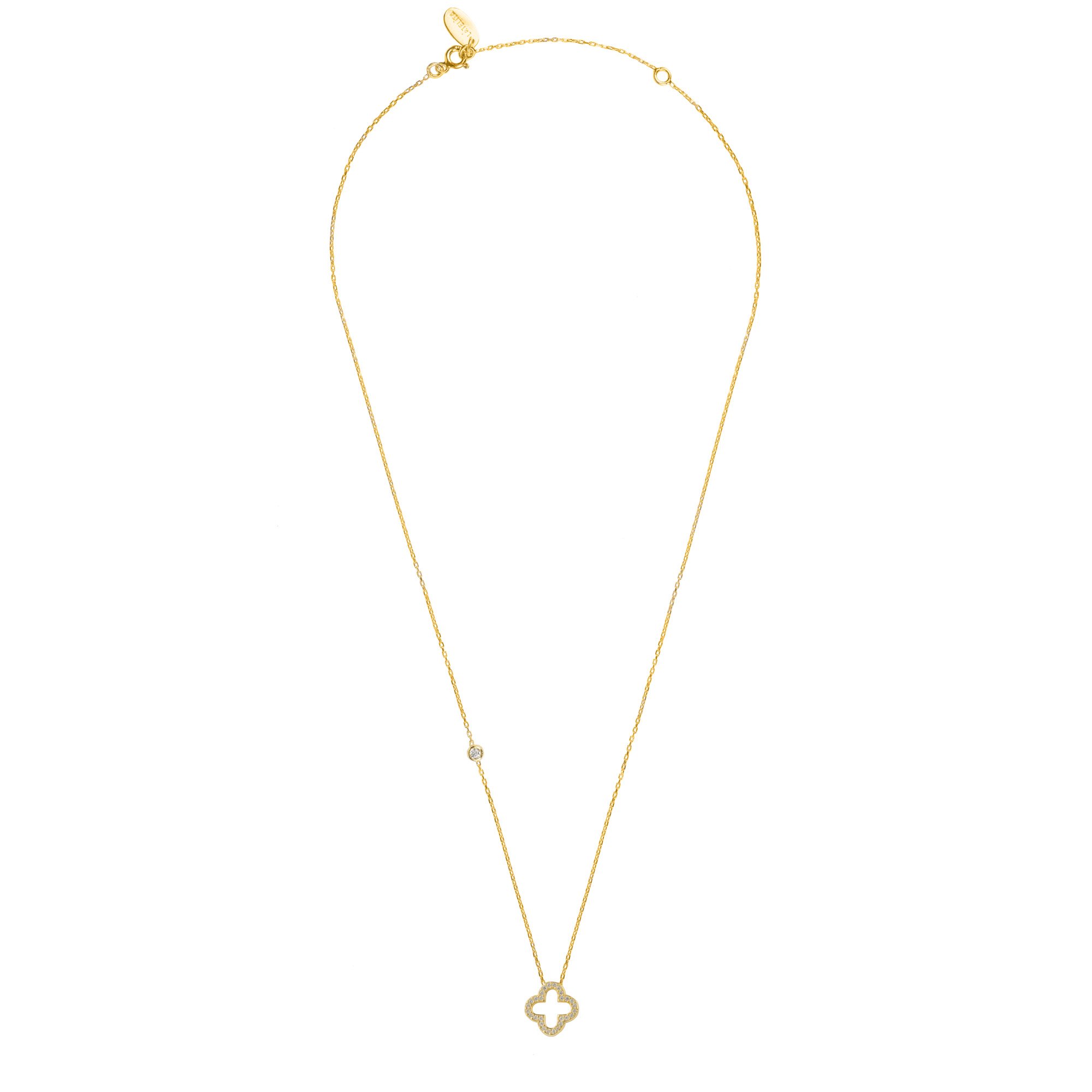 Open Clover Pendant Necklace made of 925 sterling silver with white zircons, featuring adjustable chain lengths and available in gold and rose gold finishes.