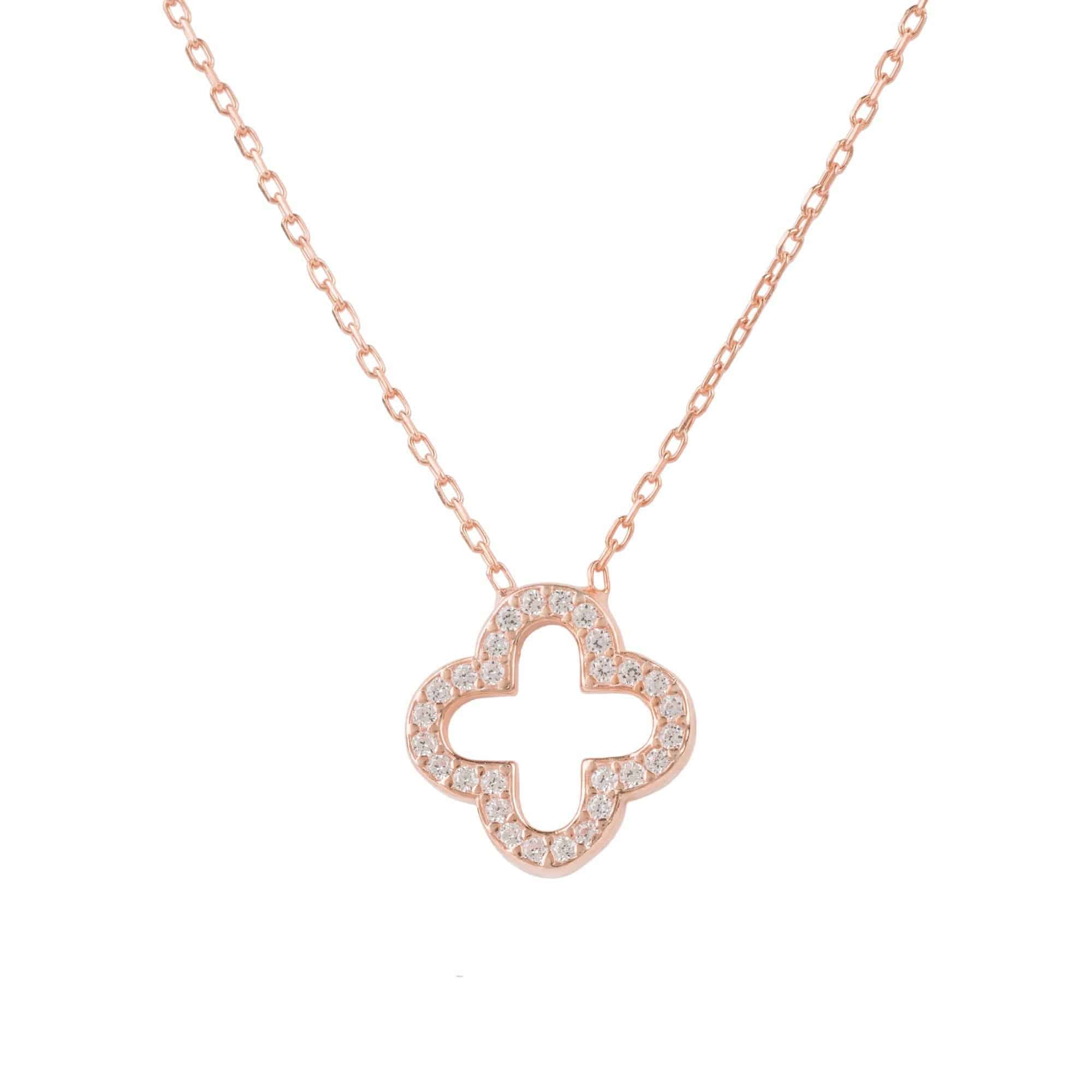 Open Clover Pendant Necklace made of 925 sterling silver with white zircons, featuring adjustable chain lengths and available in gold and rose gold finishes.