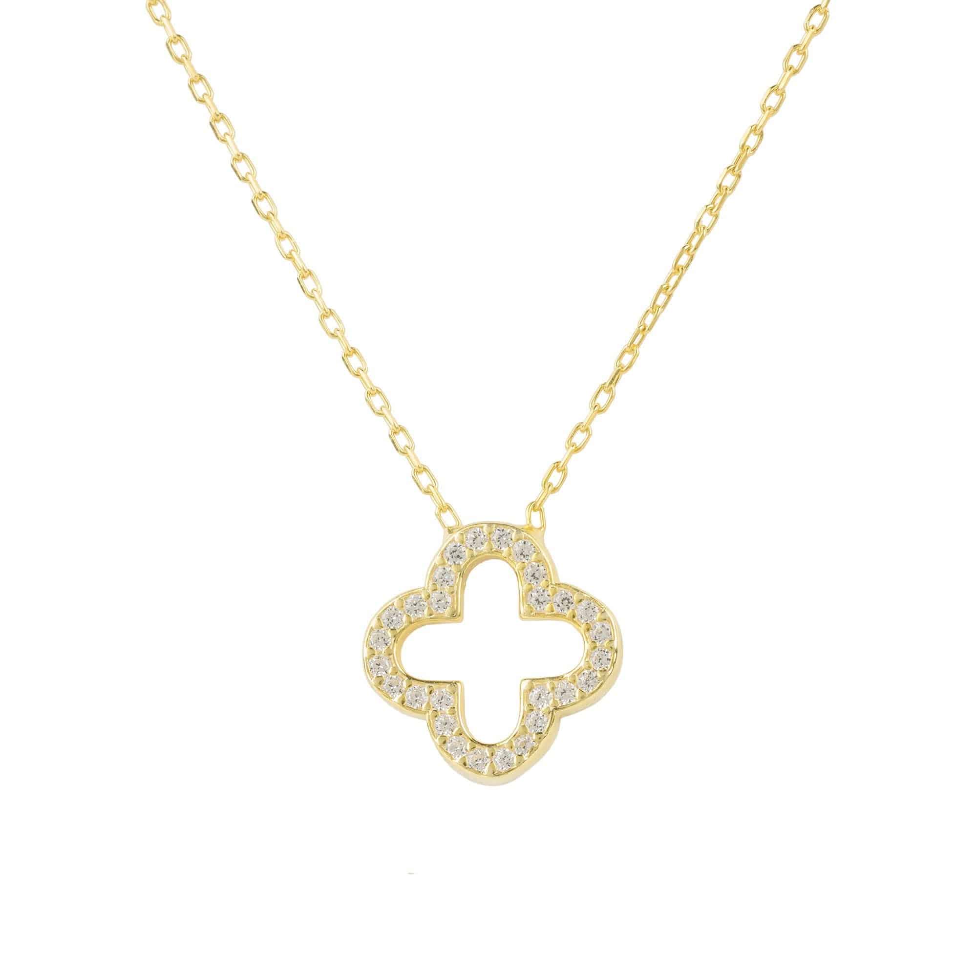 Open Clover Pendant Necklace made of 925 sterling silver with white zircons, featuring adjustable chain lengths and available in gold and rose gold finishes.