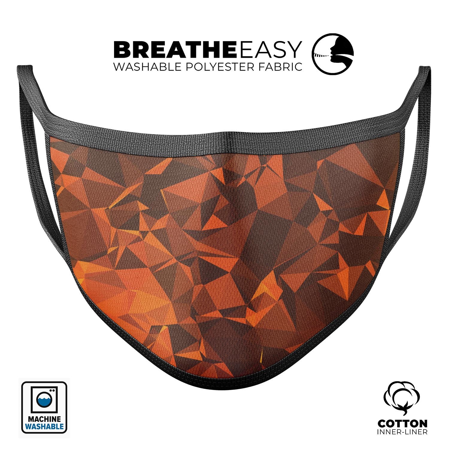 Orange abstract geometric triangles face mask, made in the USA, featuring adjustable ear loops and a comfortable cotton interior.