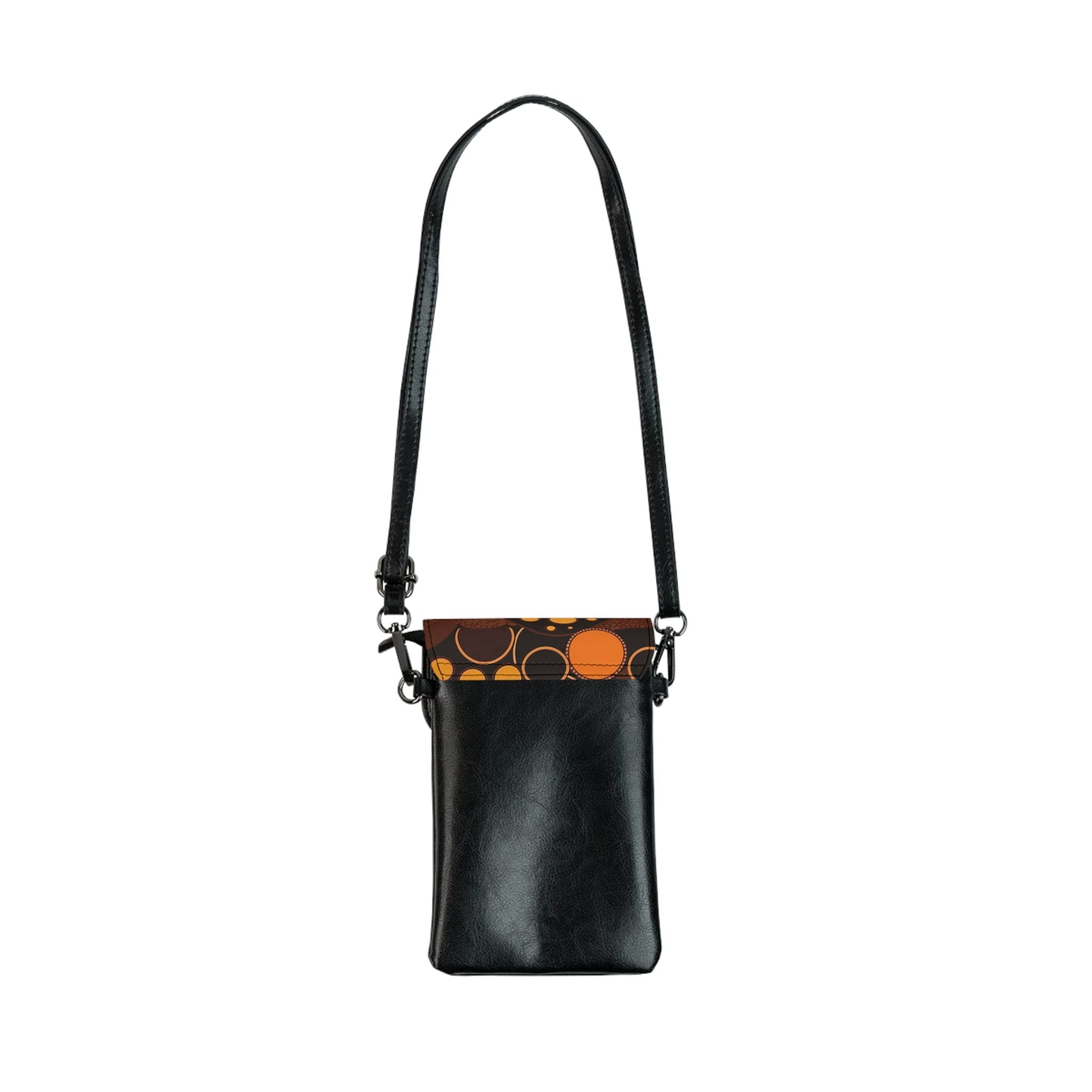 Orange and brown spotted crossbody cell phone wallet with adjustable strap and card slots.