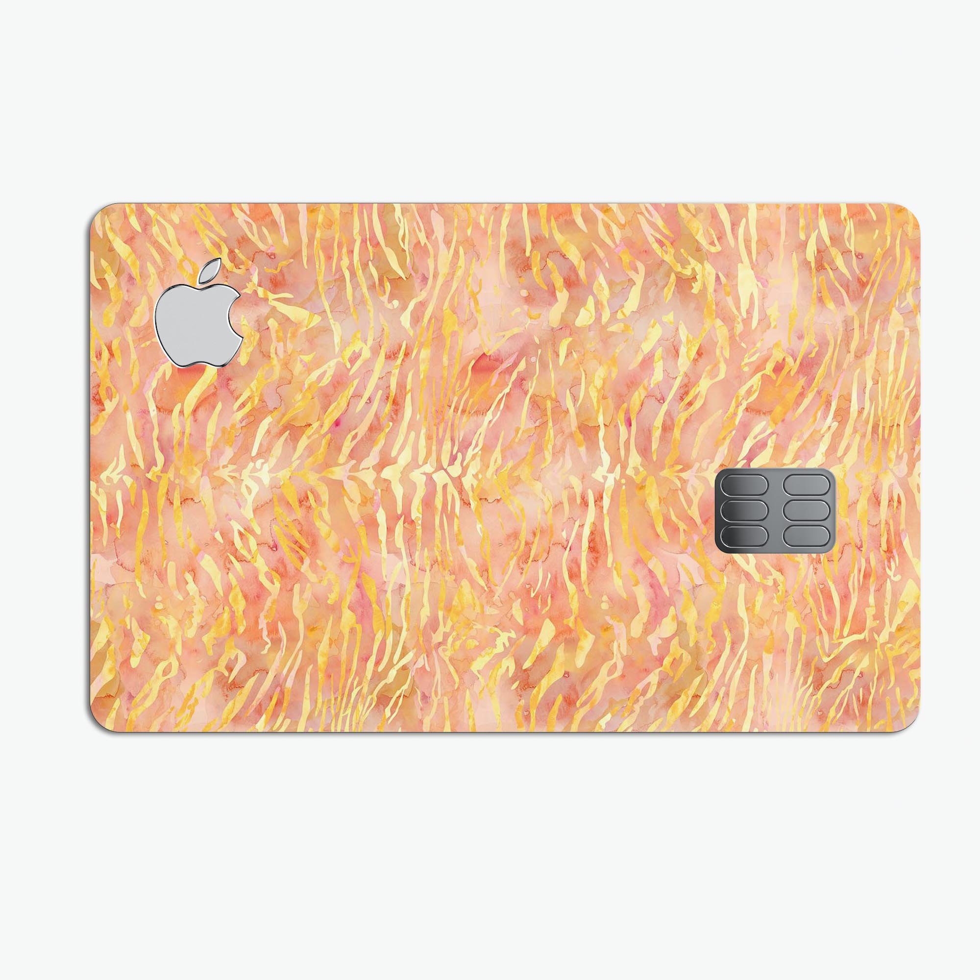 Orange and yellow watercolor tiger pattern protective decal for Apple Card, showcasing vibrant colors and artistic design.