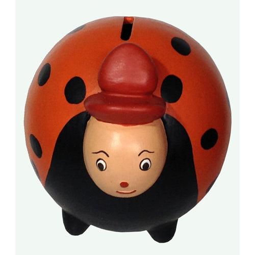 Handmade orange ceramic ladybug bank with removable rubber stopper, showcasing intricate craftsmanship by Peruvian artisans.