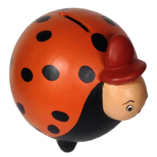 Handmade orange ceramic ladybug bank with removable rubber stopper, showcasing intricate craftsmanship by Peruvian artisans.