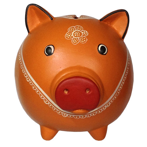 Handmade orange ceramic pig bank crafted by Peruvian artisans, featuring a removable rubber stopper and vibrant color.