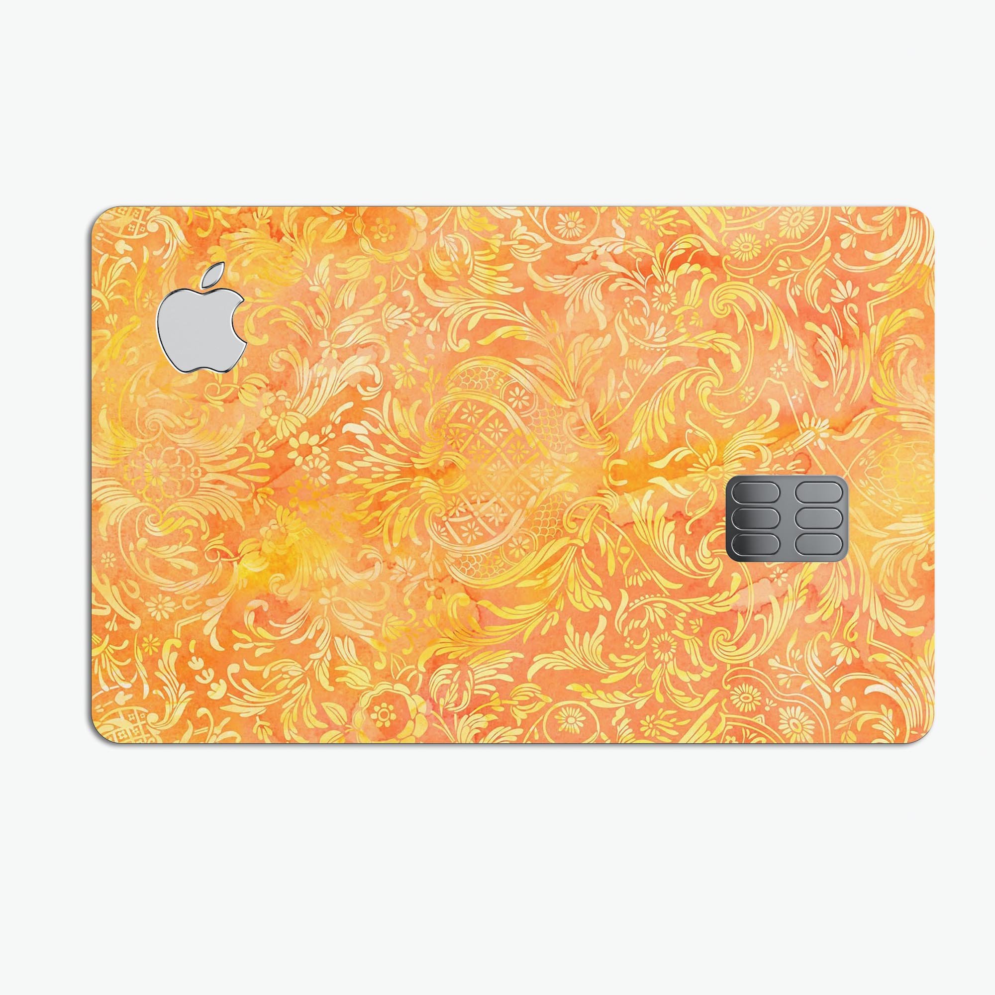 Orange Damask v2 Watercolor Pattern decal on an Apple Card, showcasing its vibrant design and protective features.