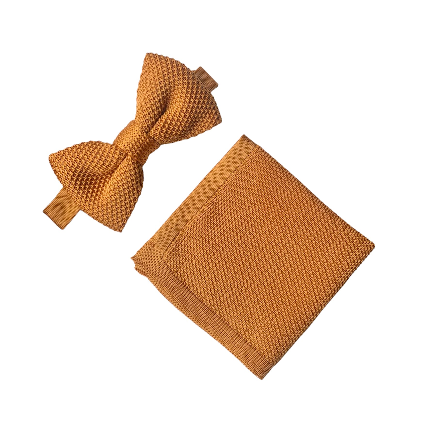 Orange Ember Knitted Bow Tie and Pocket Square Set displayed elegantly, showcasing the vibrant color and knitted texture.