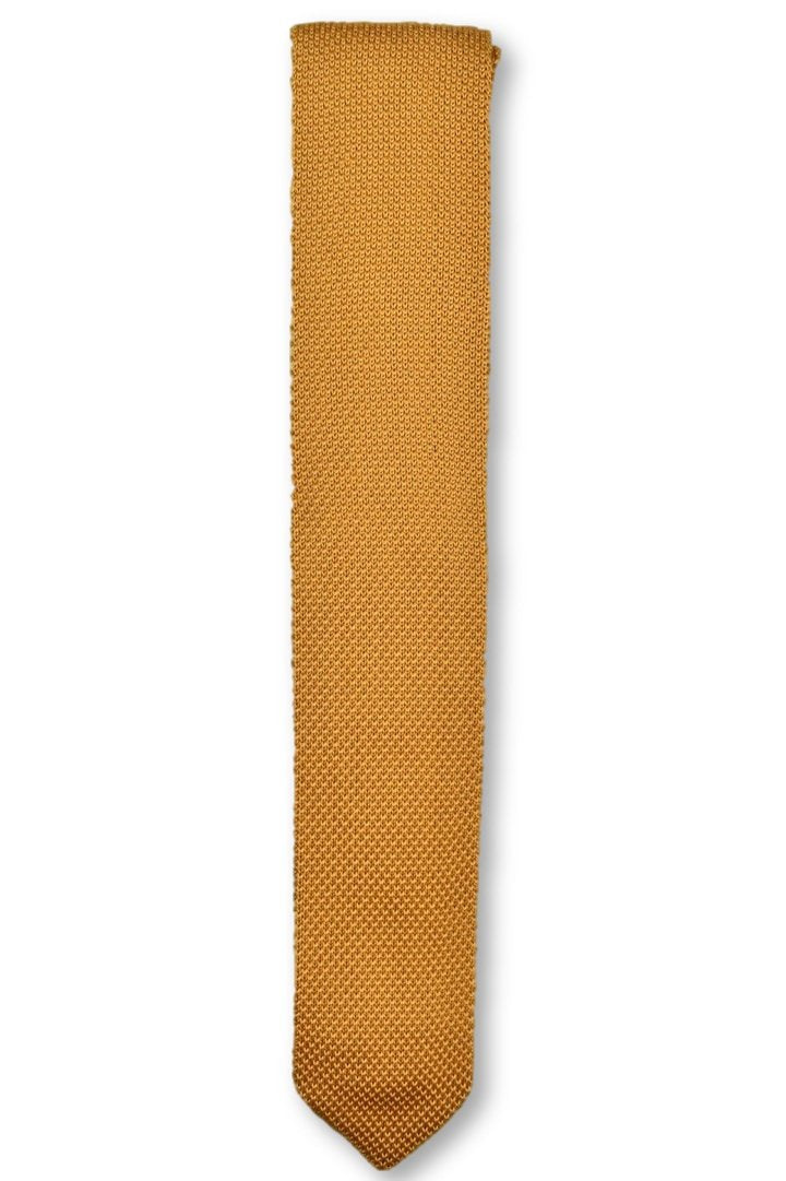 Orange ember knitted tie with a pointed end, made from durable polyester, showcasing a vibrant color perfect for formal and casual occasions.