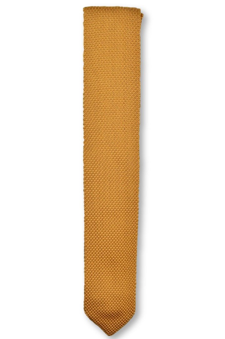 Orange ember knitted tie with a pointed end, made from durable polyester, showcasing a vibrant color perfect for formal and casual occasions.