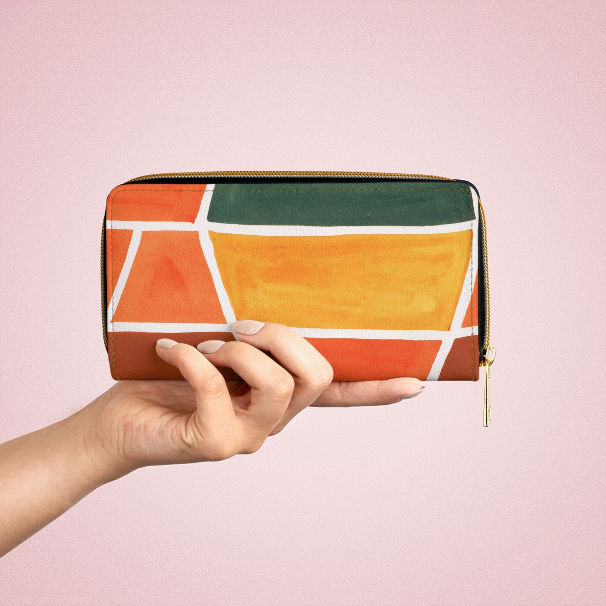 Orange Green Yellow Boho Pattern Women's Zipper Wallet Clutch Purse showcasing vibrant colors and stylish design.