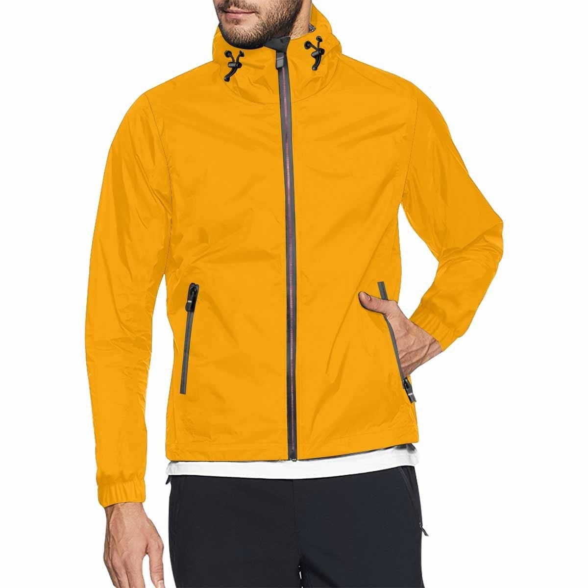 Orange hooded windbreaker jacket for men and women, featuring a stylish design with zippered pockets and adjustable hood.