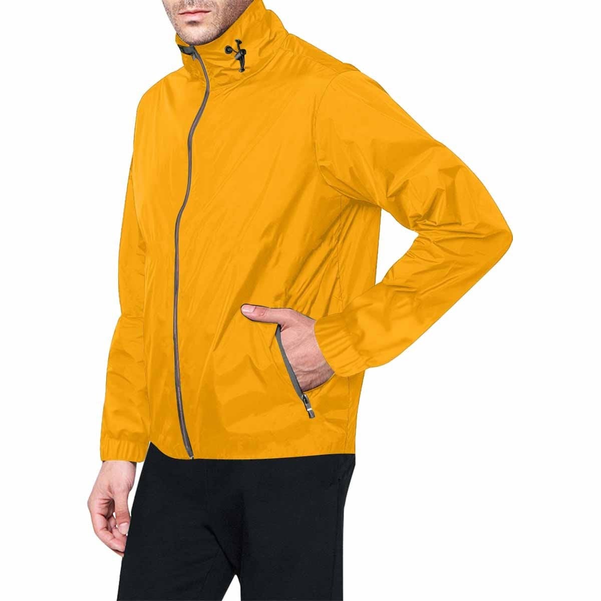 Orange hooded windbreaker jacket for men and women, featuring a stylish design with zippered pockets and adjustable hood.