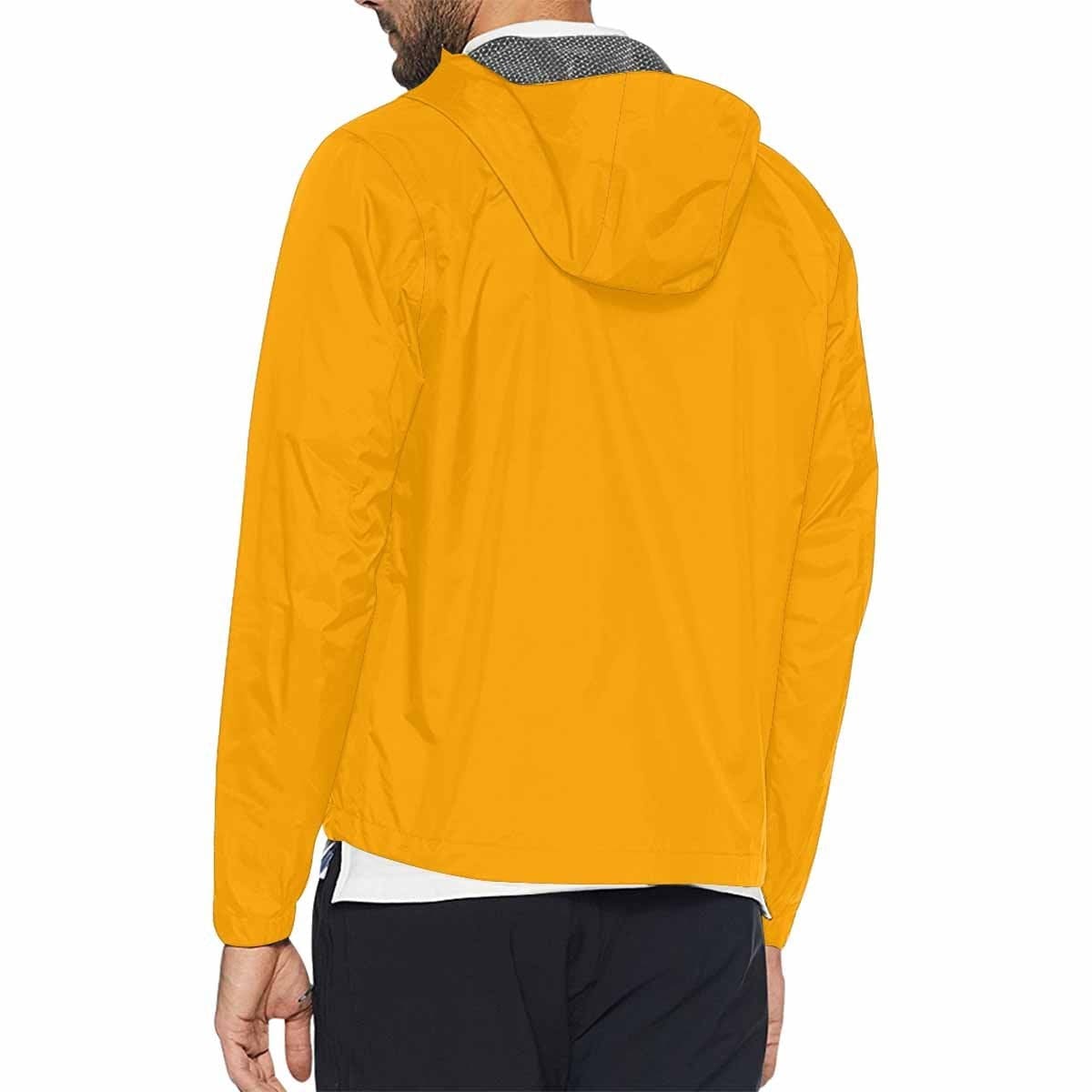 Orange hooded windbreaker jacket for men and women, featuring a stylish design with zippered pockets and adjustable hood.