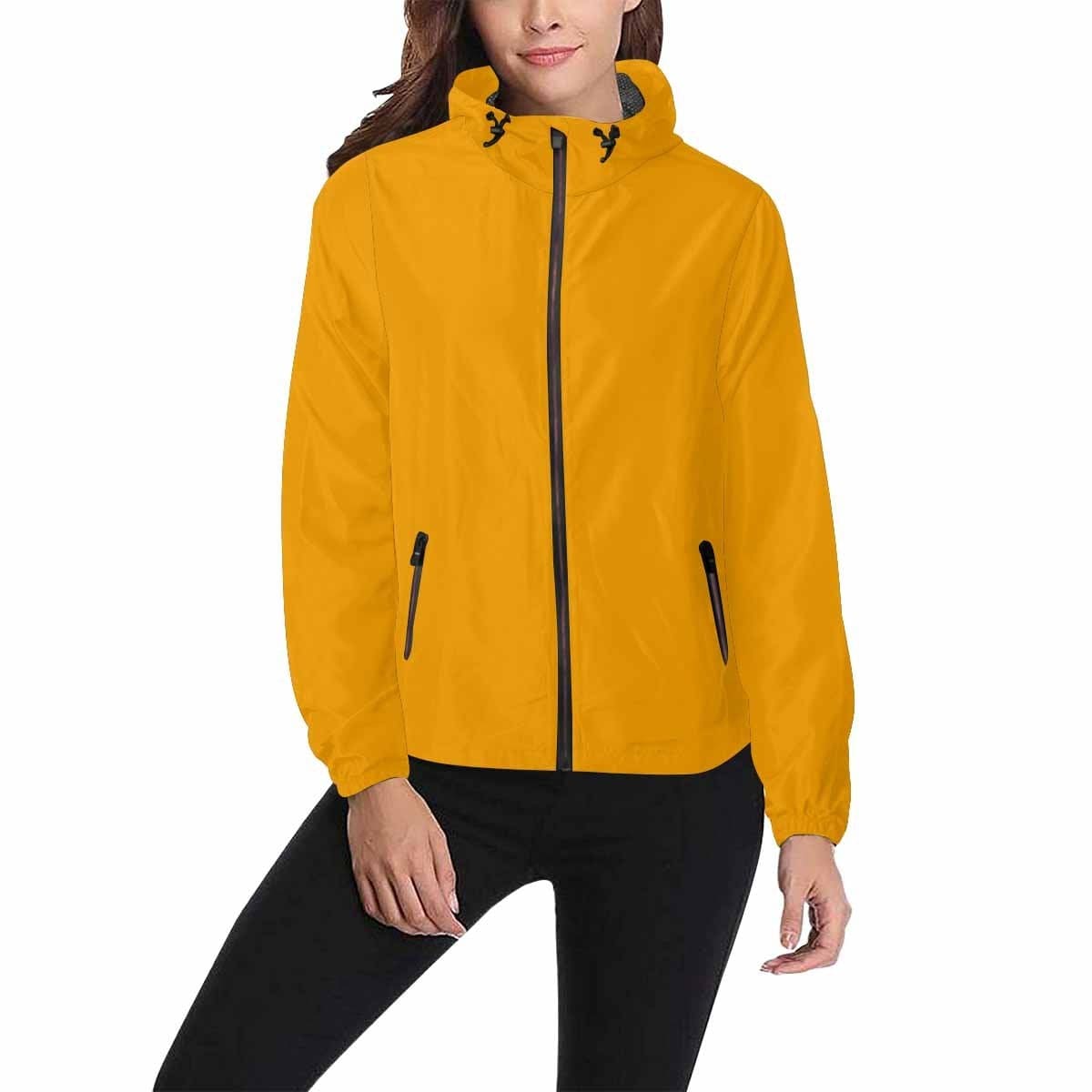 Orange hooded windbreaker jacket for men and women, featuring a stylish design with zippered pockets and adjustable hood.