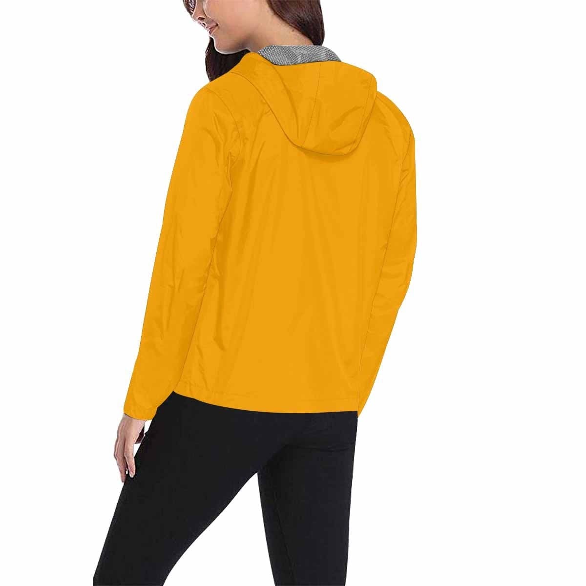 Orange hooded windbreaker jacket for men and women, featuring a stylish design with zippered pockets and adjustable hood.