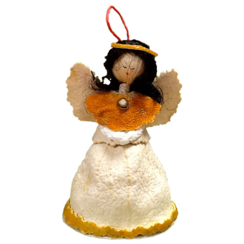 Handcrafted Orange Peel Angel Ornament featuring corn husk face and orange peel dress, wings, and halo.