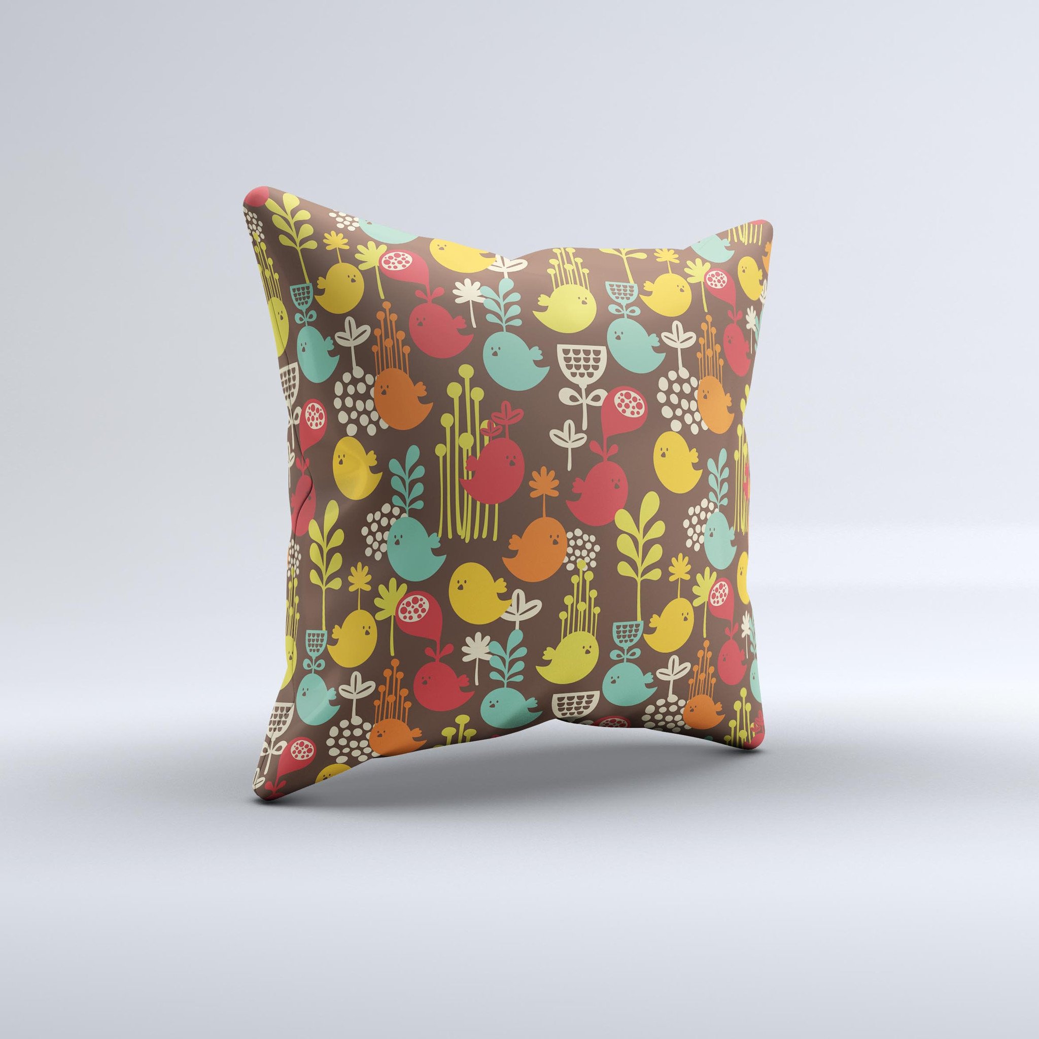 Orange and red decorative throw pillow featuring cute vector birds design, handcrafted in Virginia with high-quality materials.