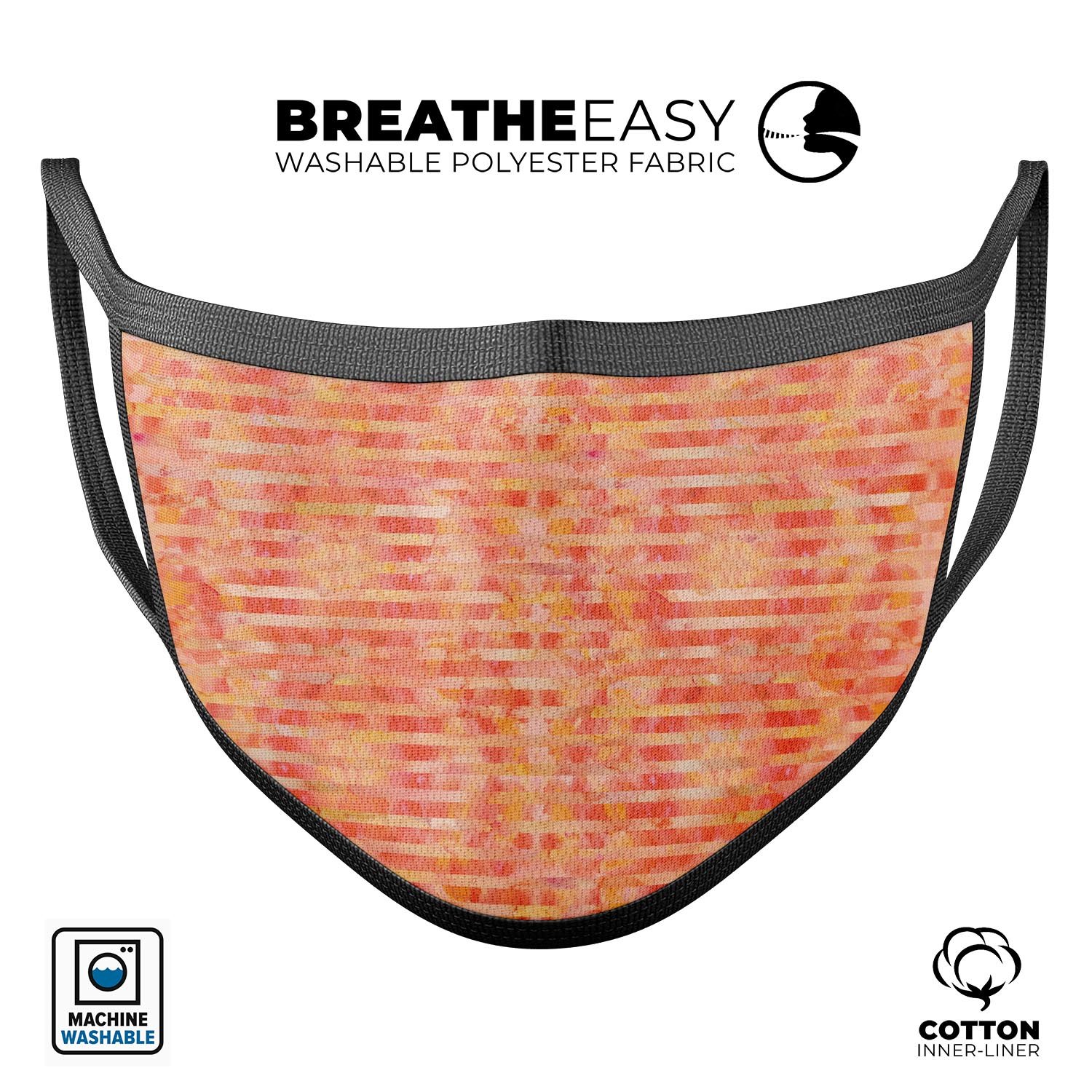 Orange Watercolor Stripes mouth cover, showcasing a vibrant design with adjustable ear loops for a comfortable fit.