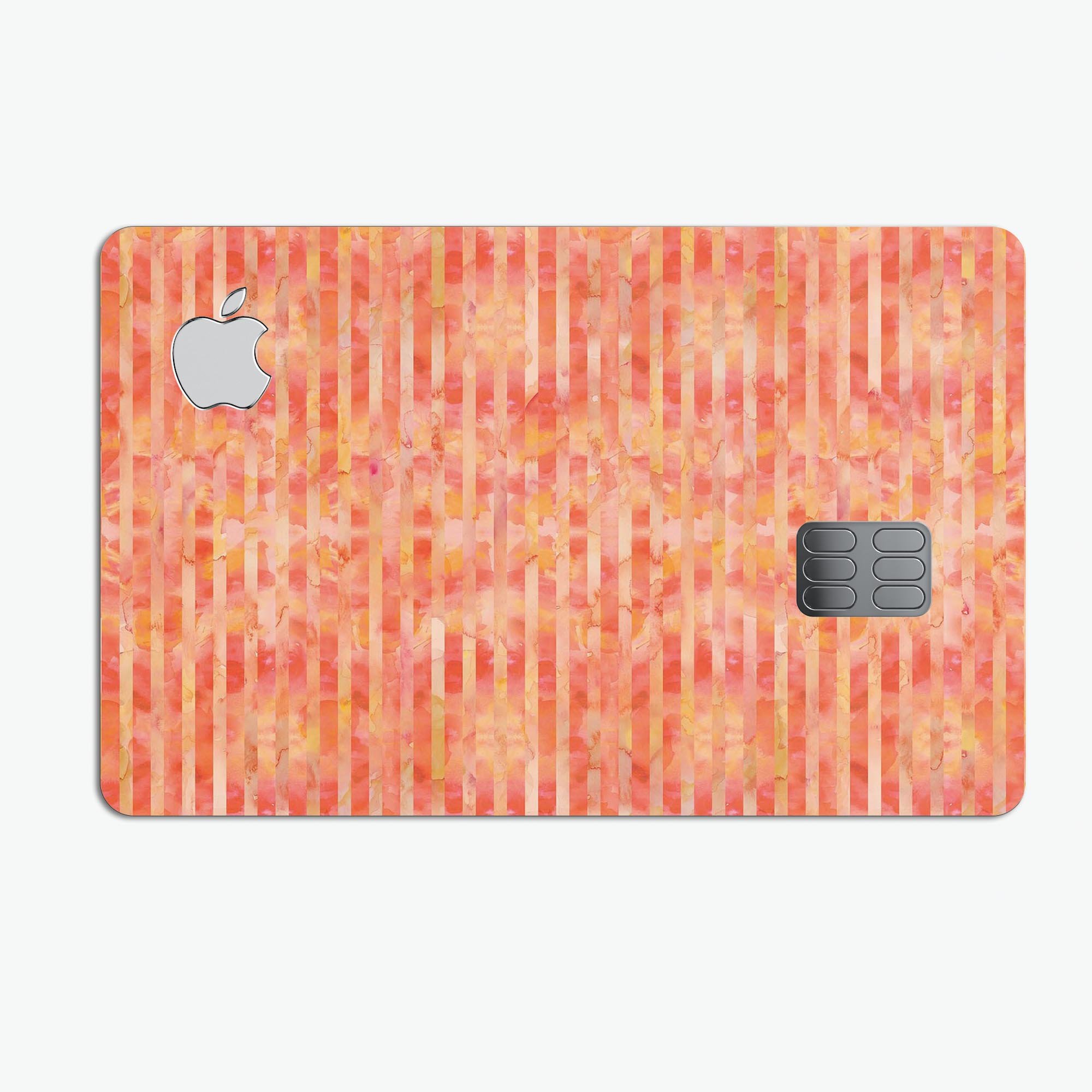 Orange Watercolor Stripes decal skin for Apple Card, showcasing vibrant colors and premium vinyl material.