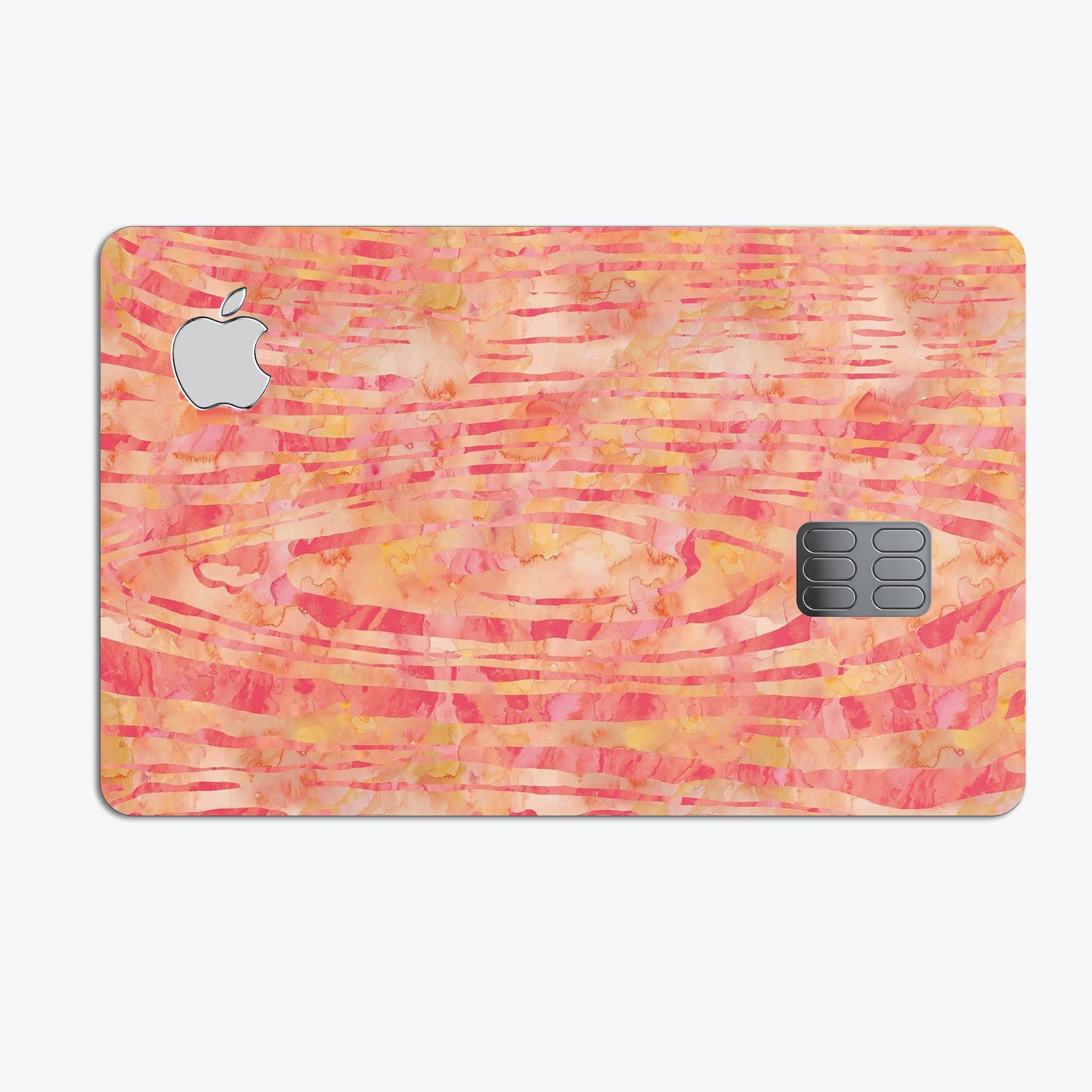 Orange Watercolor Woodgrain decal skin for Apple Card, showcasing vibrant colors and woodgrain texture.